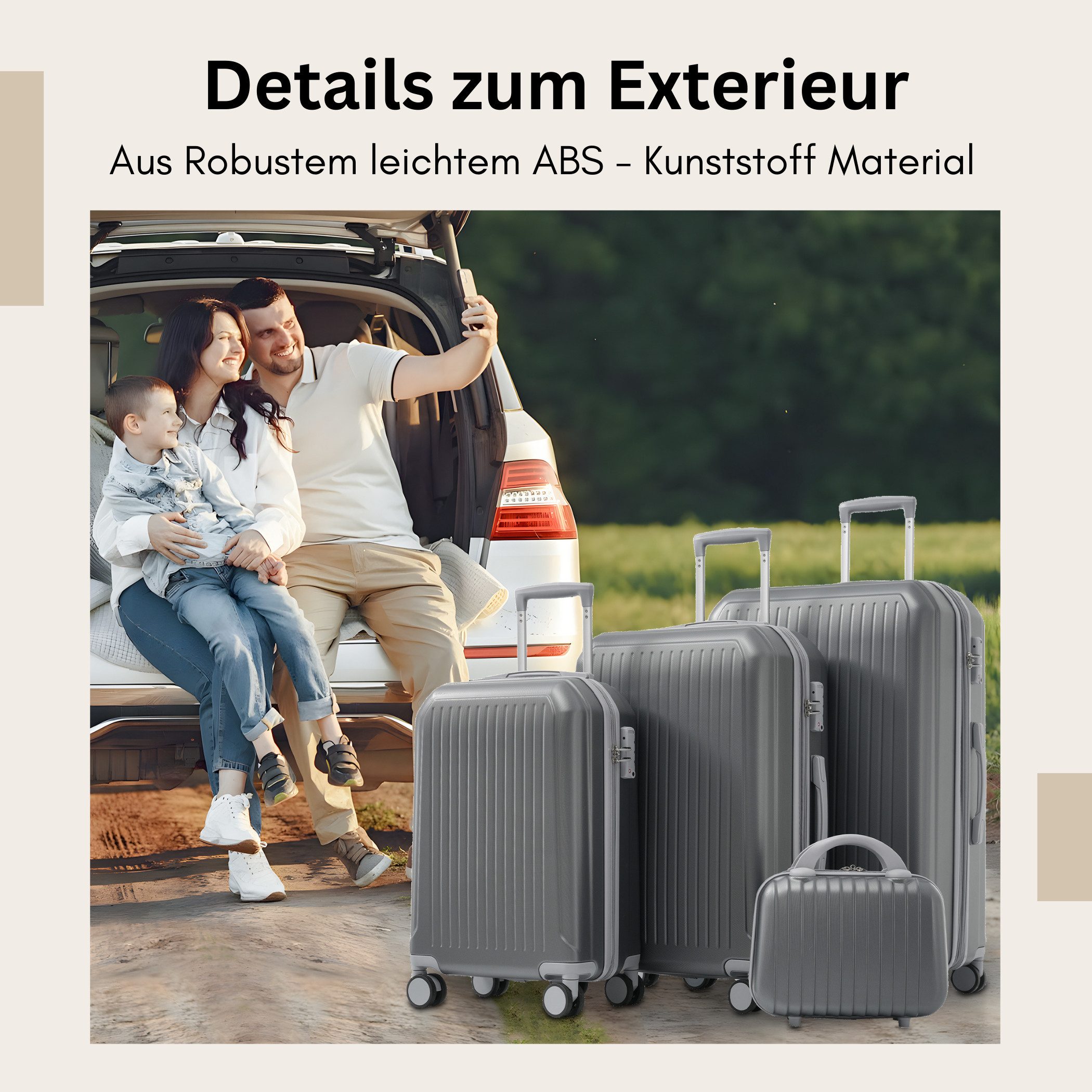 SeedWave Trolleyset 4 Teilige Kofferset Hartschalenkoffer Reisekoffer mit Reißverschlüssen, (Hartschalen-Trolley Set), 1 Handkoffer, 3 RollKoffers mit TSA-Schlössern und vier 360° Rädern