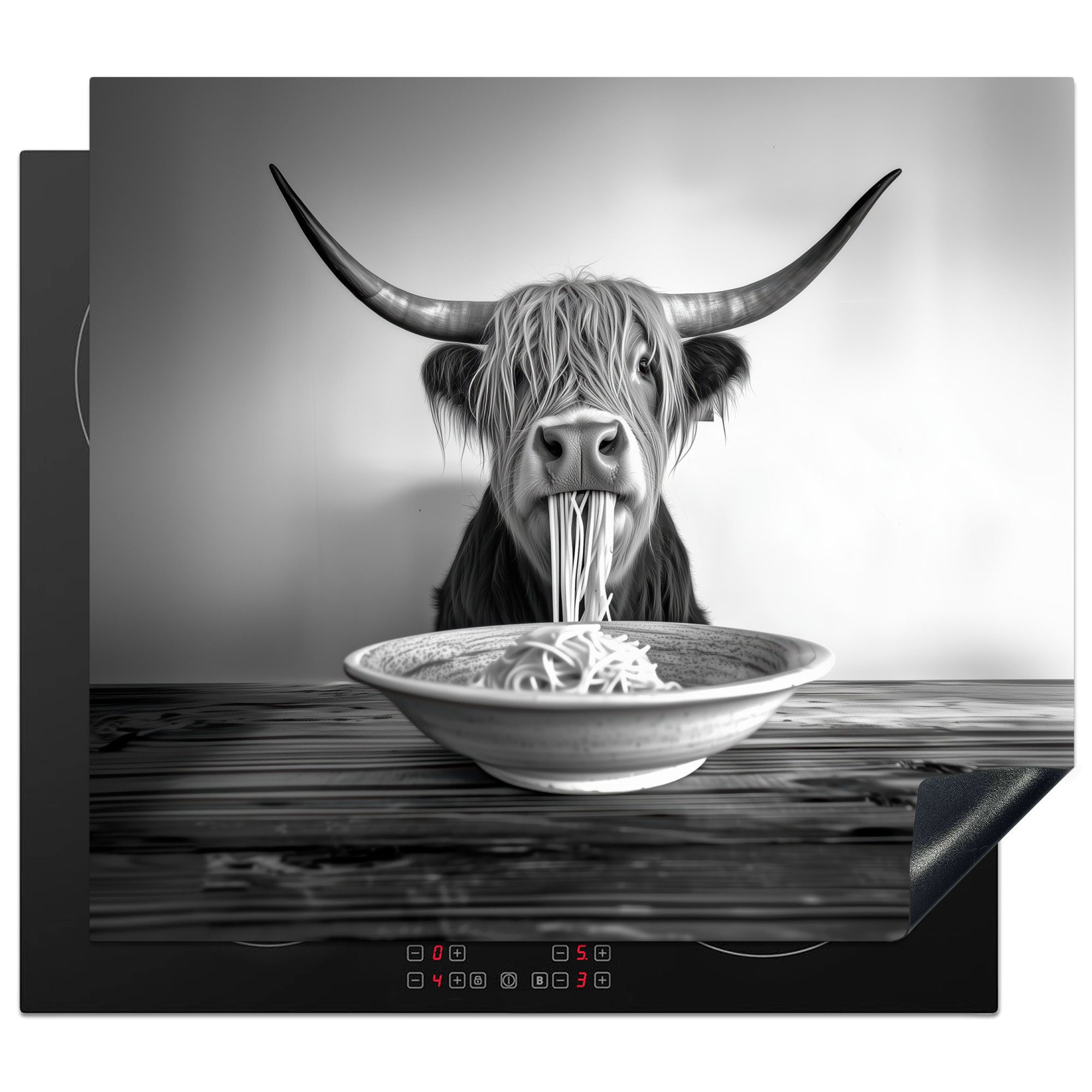 MuchoWow Herd-Abdeckplatte Schottischer Highlander - Spaghetti - Tiere - Schwarz und weiß, Vinyl, (1 tlg), Abdeckplatte für Ceranfeld, Herd Inductionsmatte, 57.6x51.6 cm