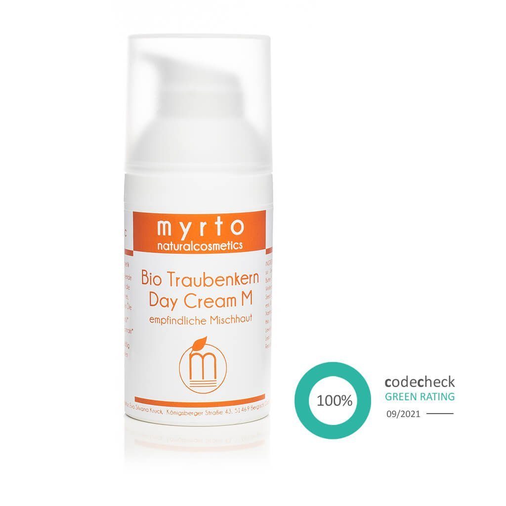 myrto Naturkosmetik Tagescreme Bio Traubenkern Day Cream M - Gesichtscreme für empfindliche Mischhaut, Bestbewertung Codecheck: 100% Grüner Ring