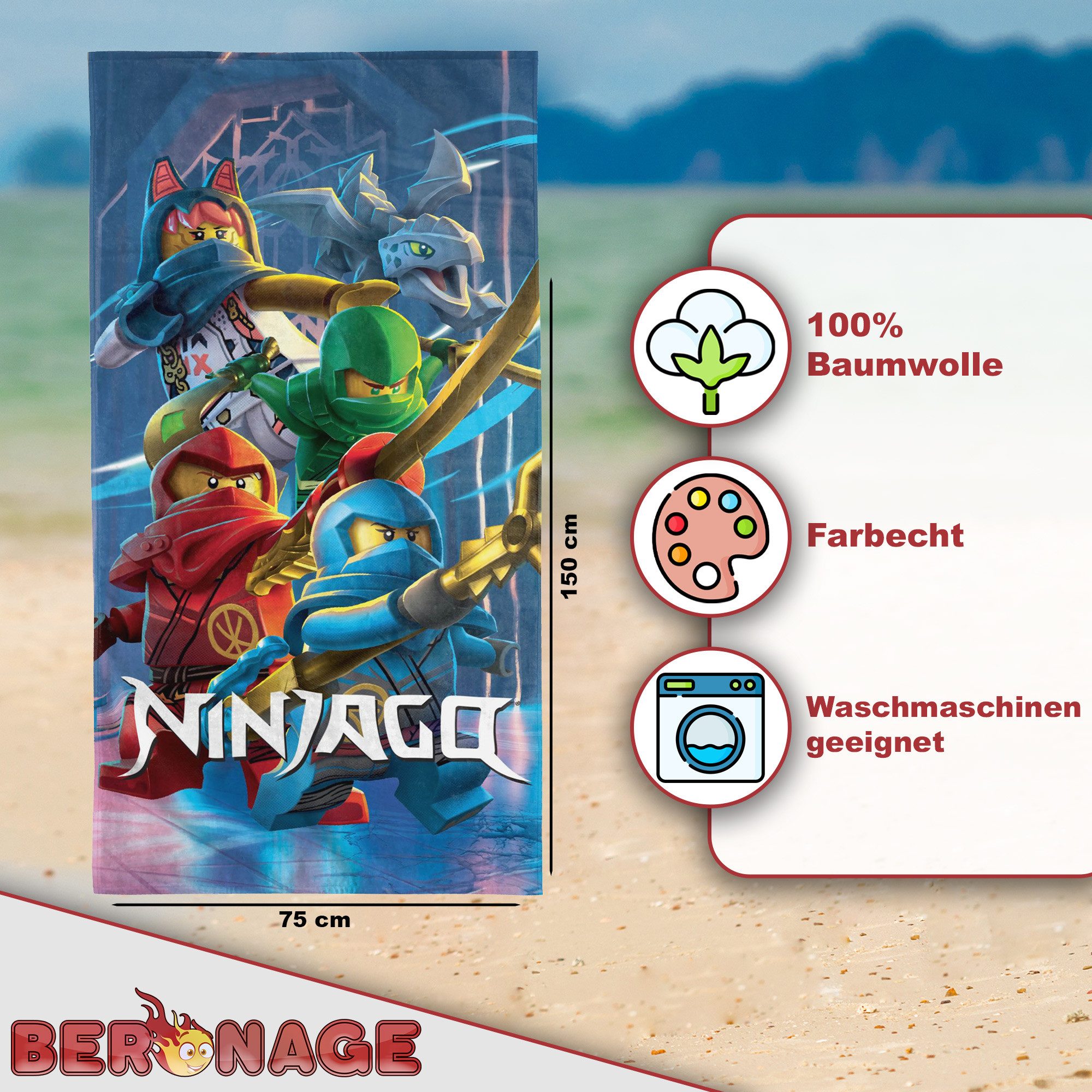 BERONAGE Strandtuch LEGO Ninjago Badetuch Legacy of the Masters 75x150 cm Strandtuch, Baumwolle (1-St), Frottee in Velours-Qualität