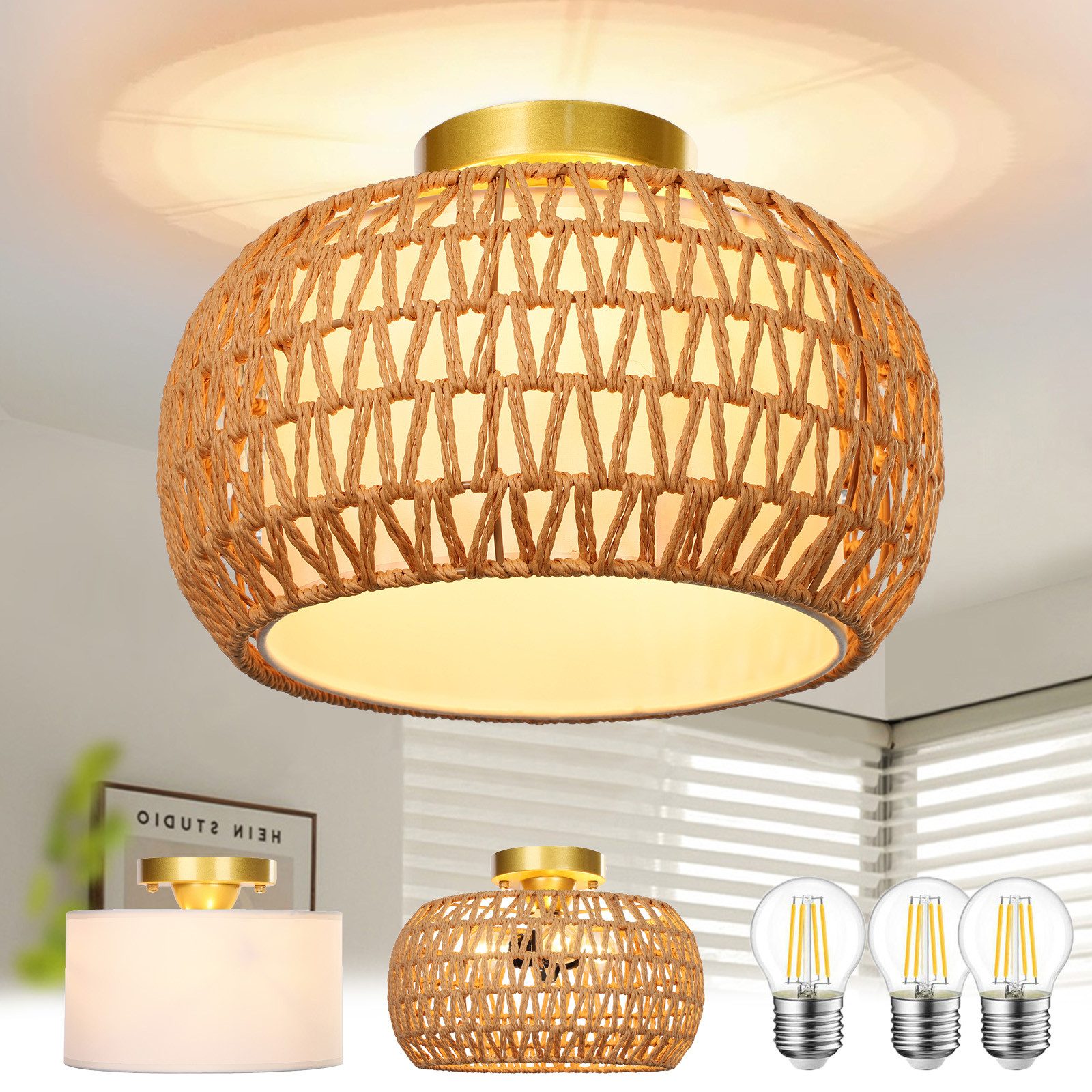 Jibenhome Deckenleuchte Handgewebte Boho Rattan-Deckenleuchte mit Stoffschi günstig online kaufen