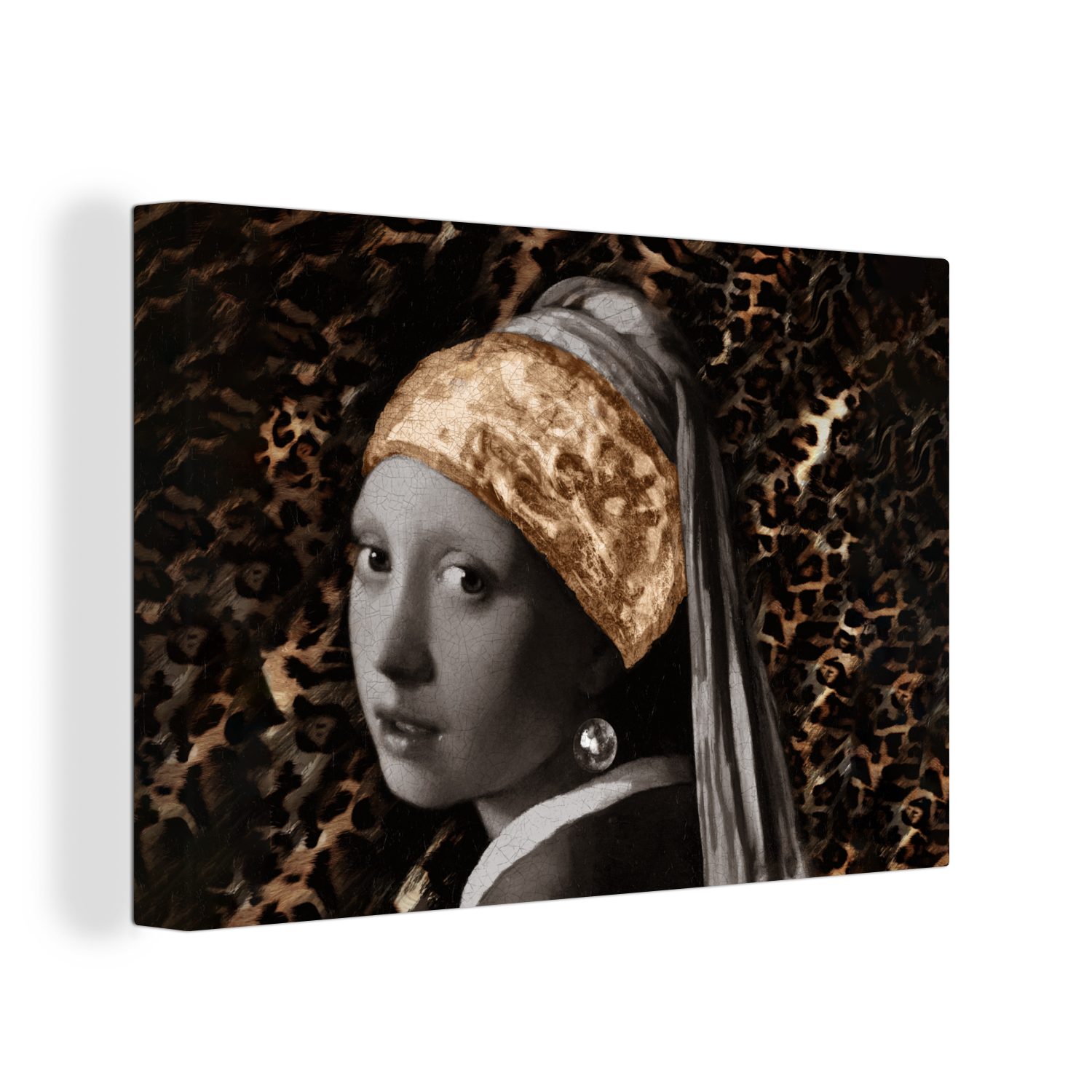 OneMillionCanvasses® Gemälde Das Mädchen mit dem Perlenohrring - Design - Panther, (1 St), Wandbild Leinwandbilder, Aufhängefertig, Wanddeko, 30x20 cm