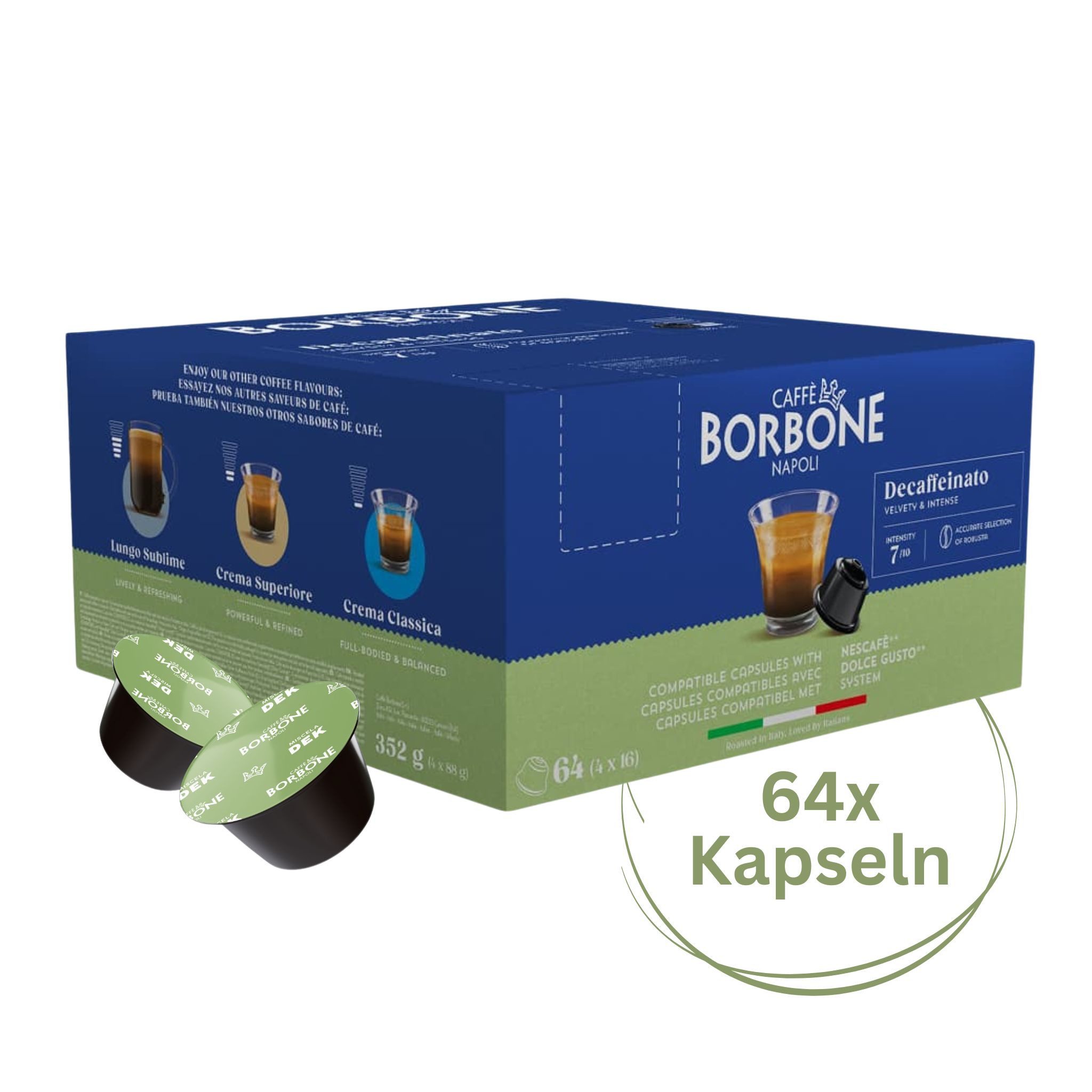 Caffè Borbone Kaffee Caffè Borbone Dekoffiniert 64x7g Kaffeekapseln, 1 x 7 g, 64 St. (samtig und intensiv, Kompatibel Kaffeemaschinen Marke Nescafè®* Dolce Gusto)