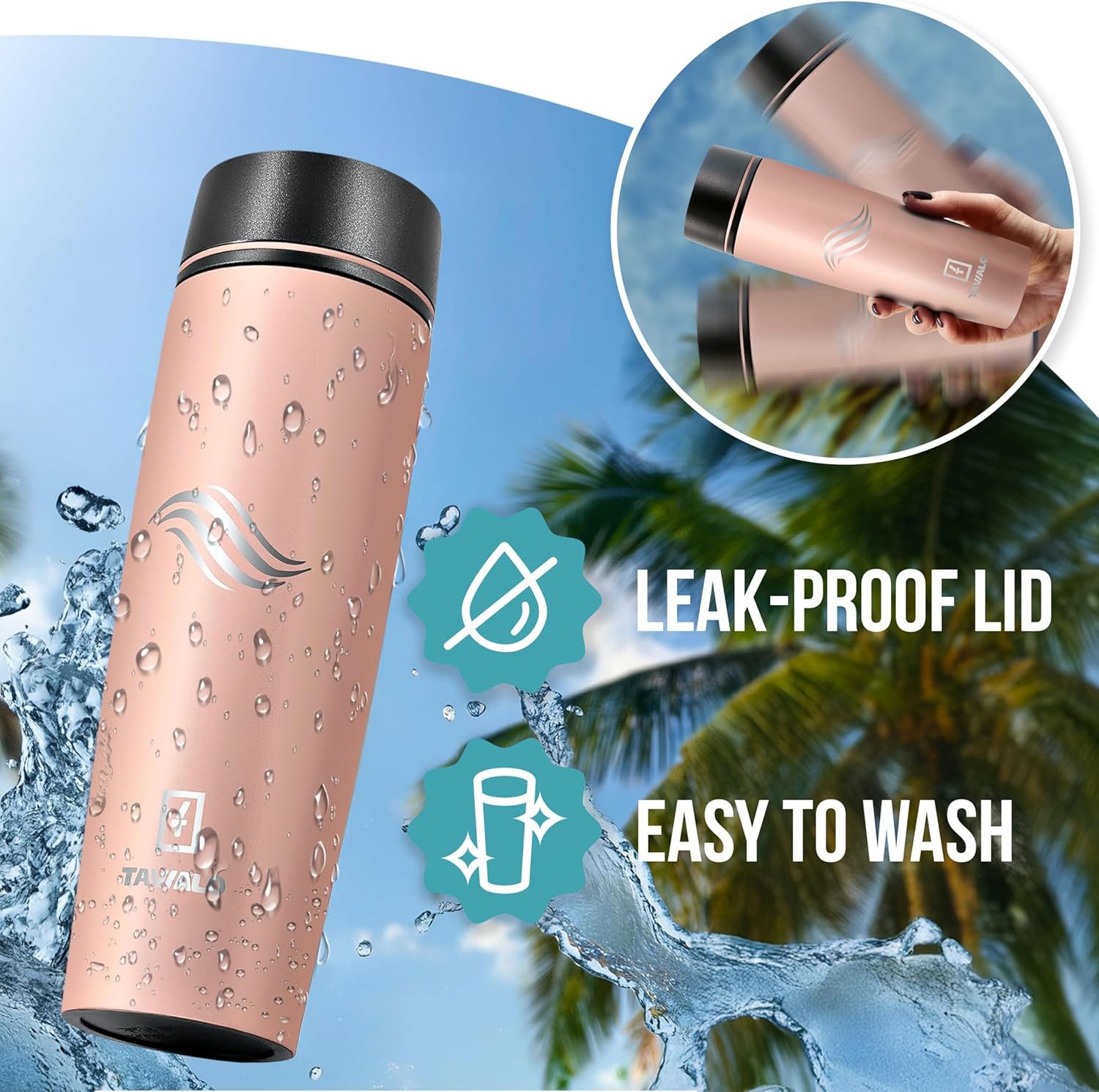 TAVIALO Isolierflasche 460ml puderrosa matt Inox Edelstahl, Pulverbeschichtung, Kaffeebecher, ideal für Reisen, Schule, Camping, Wanderungen, beim Sport