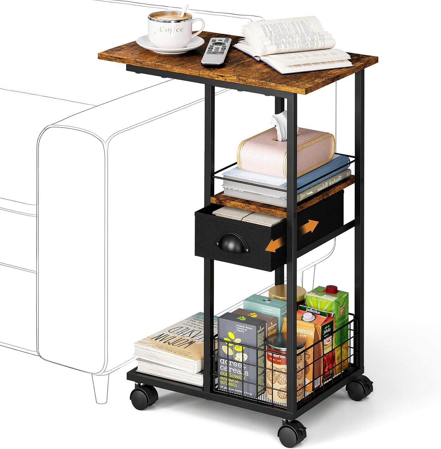 BlingBin Beistelltisch C-förmiger Beistelltisch mit Rollen,Nachttisch mit Schublade (1er Set, 1-St., 50 x 30 x 71 cm), 3 Ebenen Nachttisch,Metallrahmen,Minimalistischer Stil