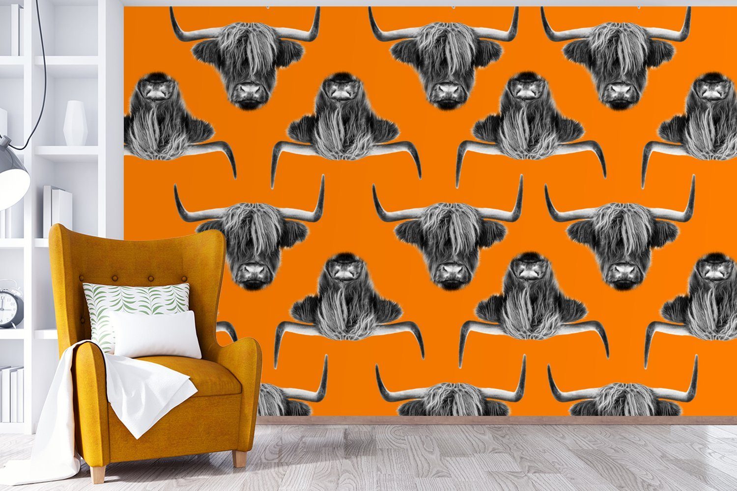 Wohnzimmer, für Highlander Matt, Vinyl (6 Tapete Wallpaper Schlafzimmer, MuchoWow St), - bedruckt, Orange, Fototapete Muster - Schottischer Kinderzimmer,