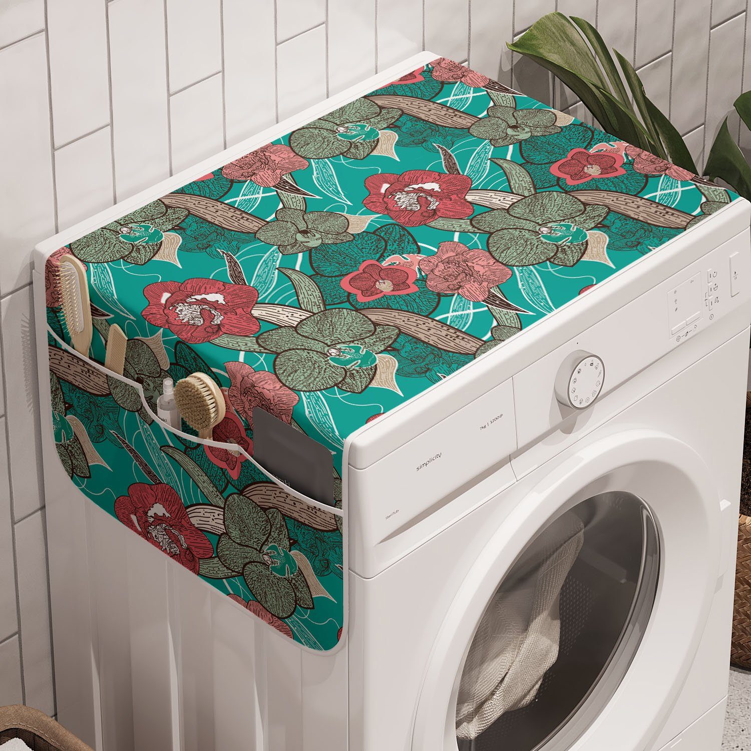 Abakuhaus Badorganizer Anti-Rutsch-Stoffabdeckung für Waschmaschine und Trockner, Blume Hand Drawn bunte Blüten