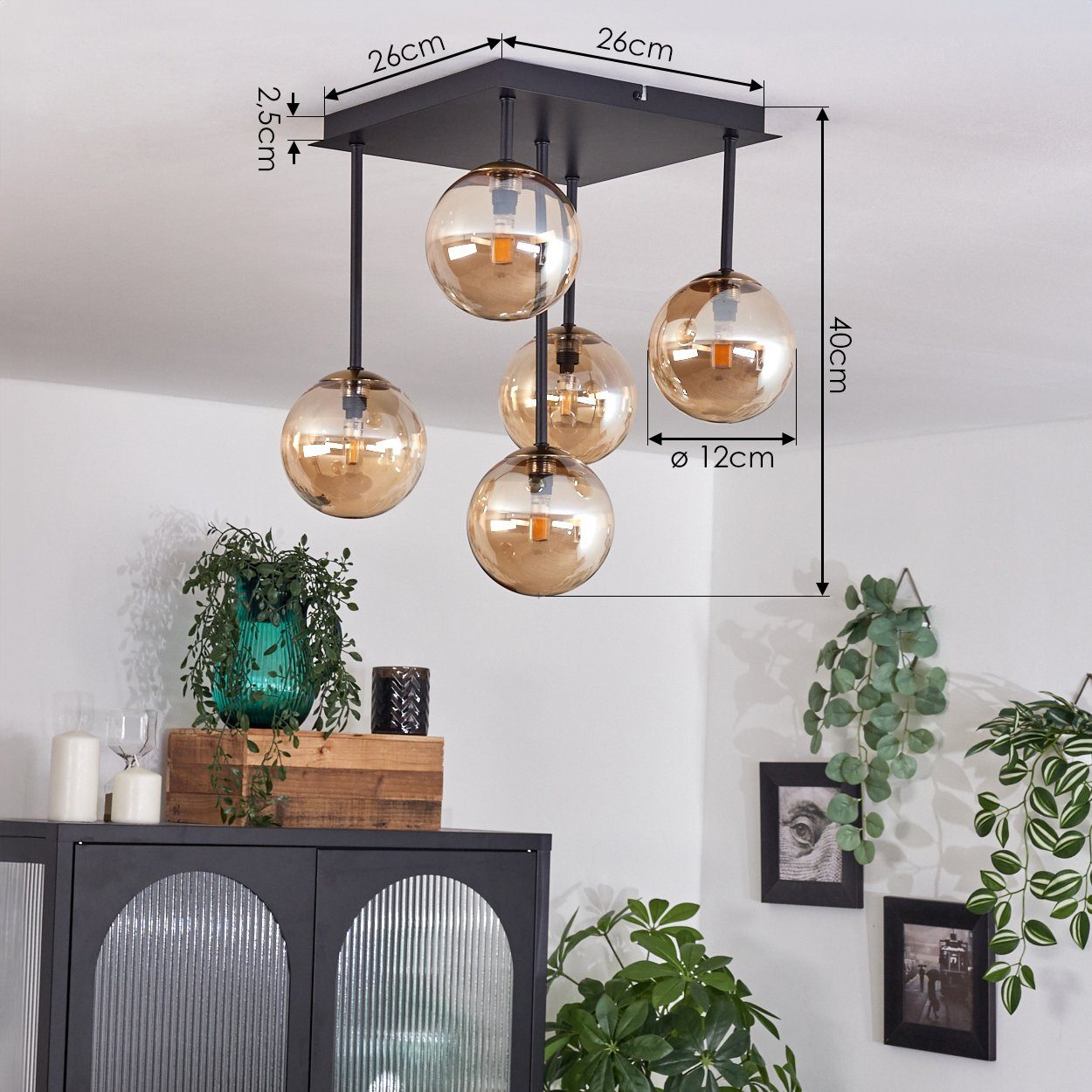 hofstein Deckenleuchte Deckenlampe aus Metall/Glas in Schwarz/Goldfarben/Bernsteinfarben, ohne Leuchtmittel, Leuchte im Retro-Design aus Glas, 5 x G9 LED, ohne  – Bild 4 von 5