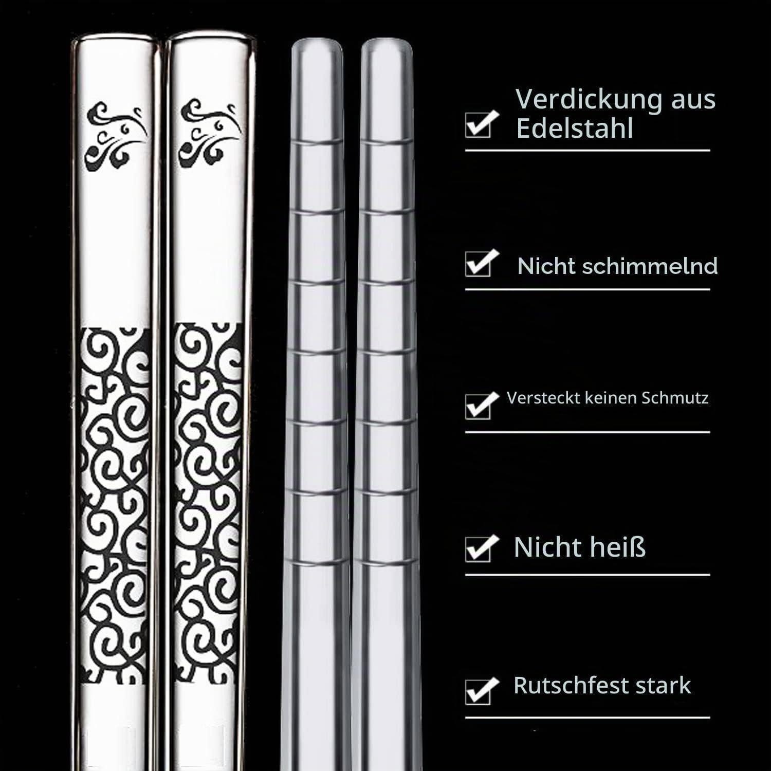 LuxusKollektion Essstäbchen Essstäbchen Edelstahl 5 Paar Lasermuster Geschenkset – Bild 3 von 5