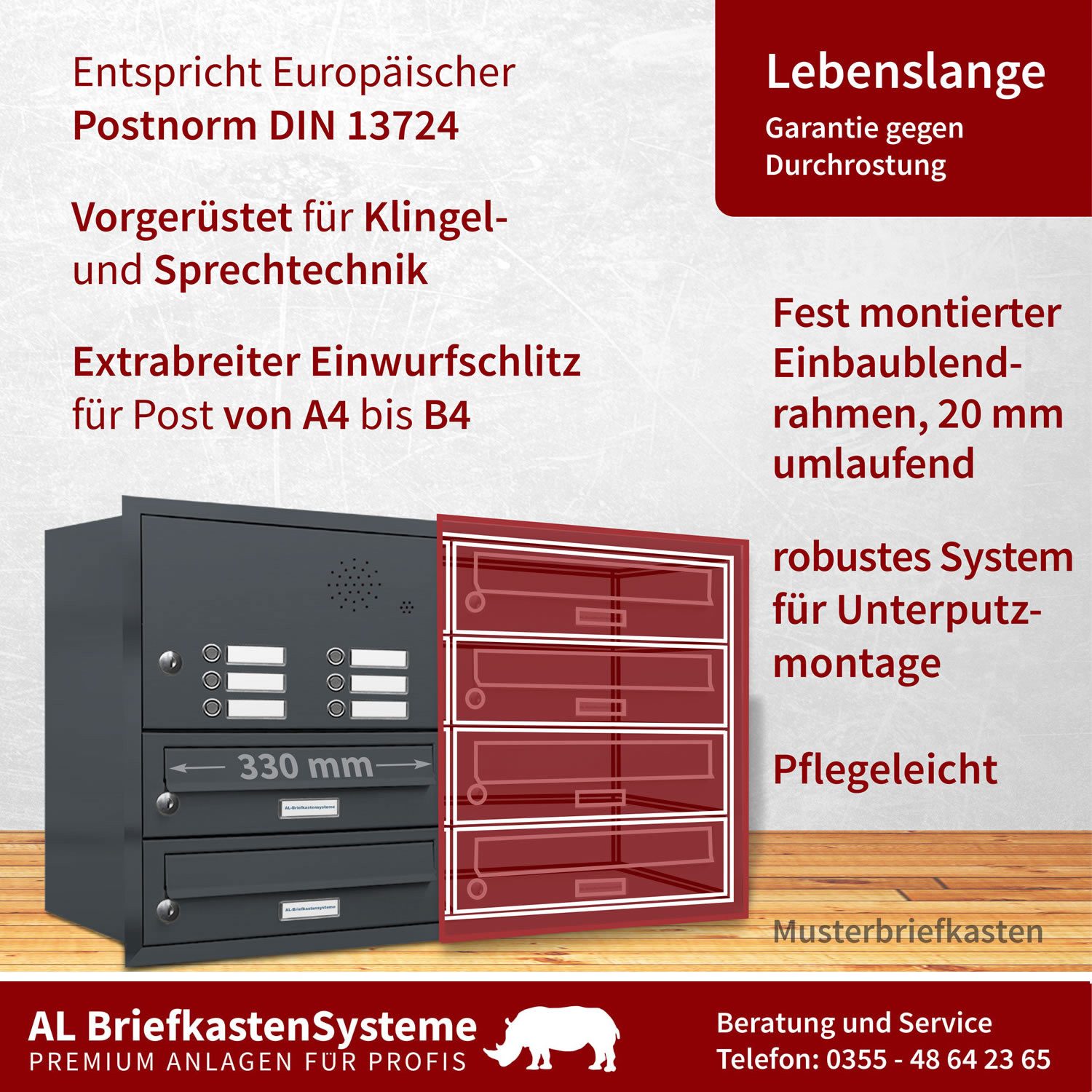 AL Briefkastensysteme Wandbriefkasten 2 Fach Premium Unterputz Briefkasten RAL 7016 Anthrazit wetterfest