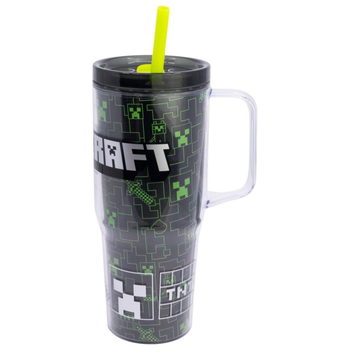 Minecraft Trinkflasche Trinkbecher mit Strohhalm und Henkel Doppelwandig 860 ml, Auslaufsicher