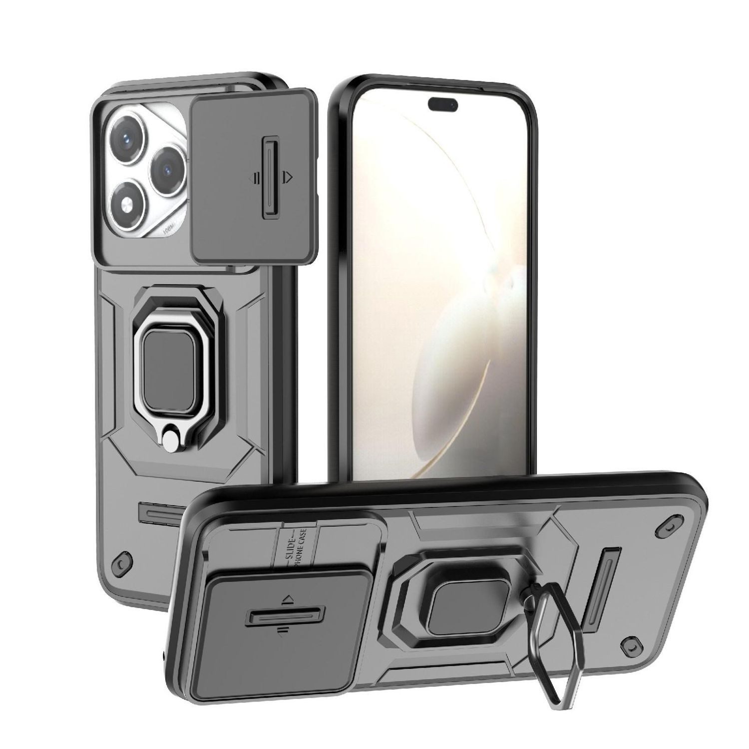 Wigento Handyhülle Für Honor 400 Lite Sliding Kamera TPU Hybrid Ring Schutzhülle Schwarz, Schiebecover, stoßfest, mit Halterung