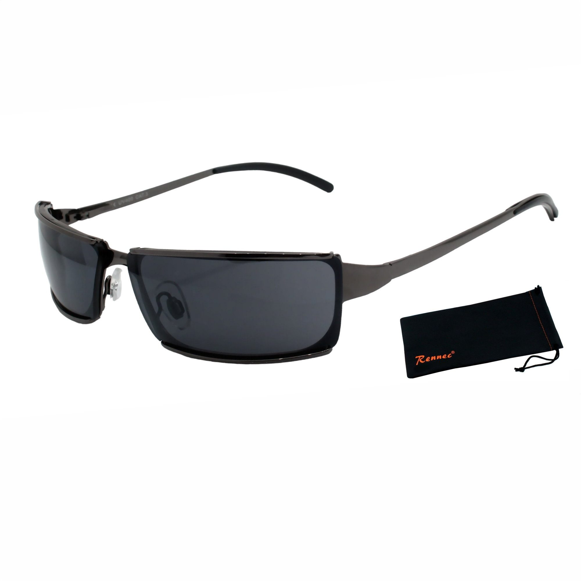 Rennec Sonnenbrille Herren Schmal Rechteckig Metallbrille aus Edelstahl Gläser Schwarz Getönt, Edelstahl Federscharniere