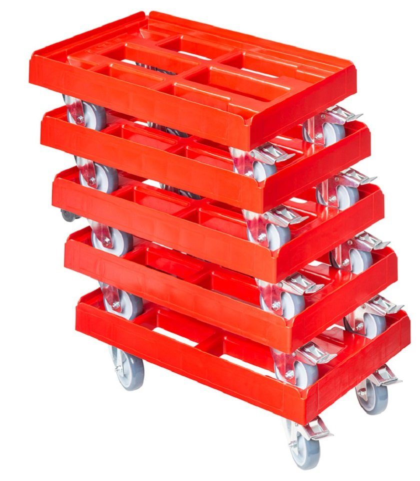 Transportroller 5 x Stück für Kisten 600x400 mm mit 2 Bremsen Rot