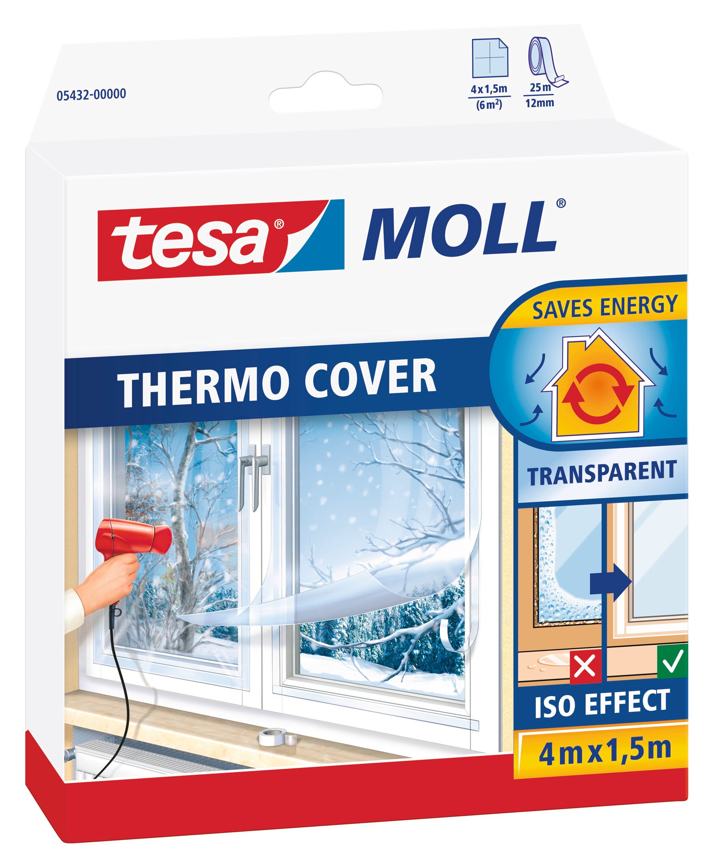 tesa Fensterfolie tesamoll THERMO COVER Fensterisolierfolie, transparent, glatt, wärmedämmende Folie - einfache Montage - durchsichtig - 4 m : 1,5 m