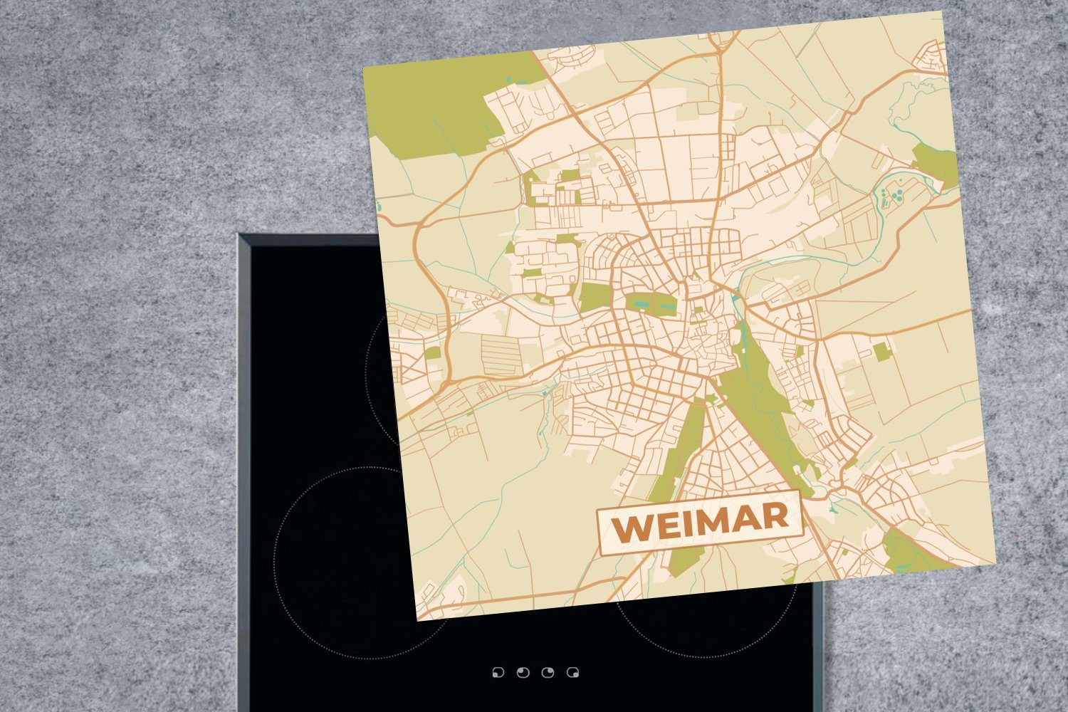 MuchoWow Herdblende-/Abdeckplatte Weimar - Ceranfeldabdeckung, Stadtplan, (1 cm, küche Karte Vintage tlg), Arbeitsplatte 78x78 für Vinyl, - 