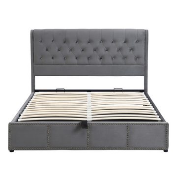 MODFU Polsterbett Doppelbett (140 x 200 cm, ohne Matratze), mit Hydraulikhebel, Aufbewahrung von Bettkästen, Samt, grau