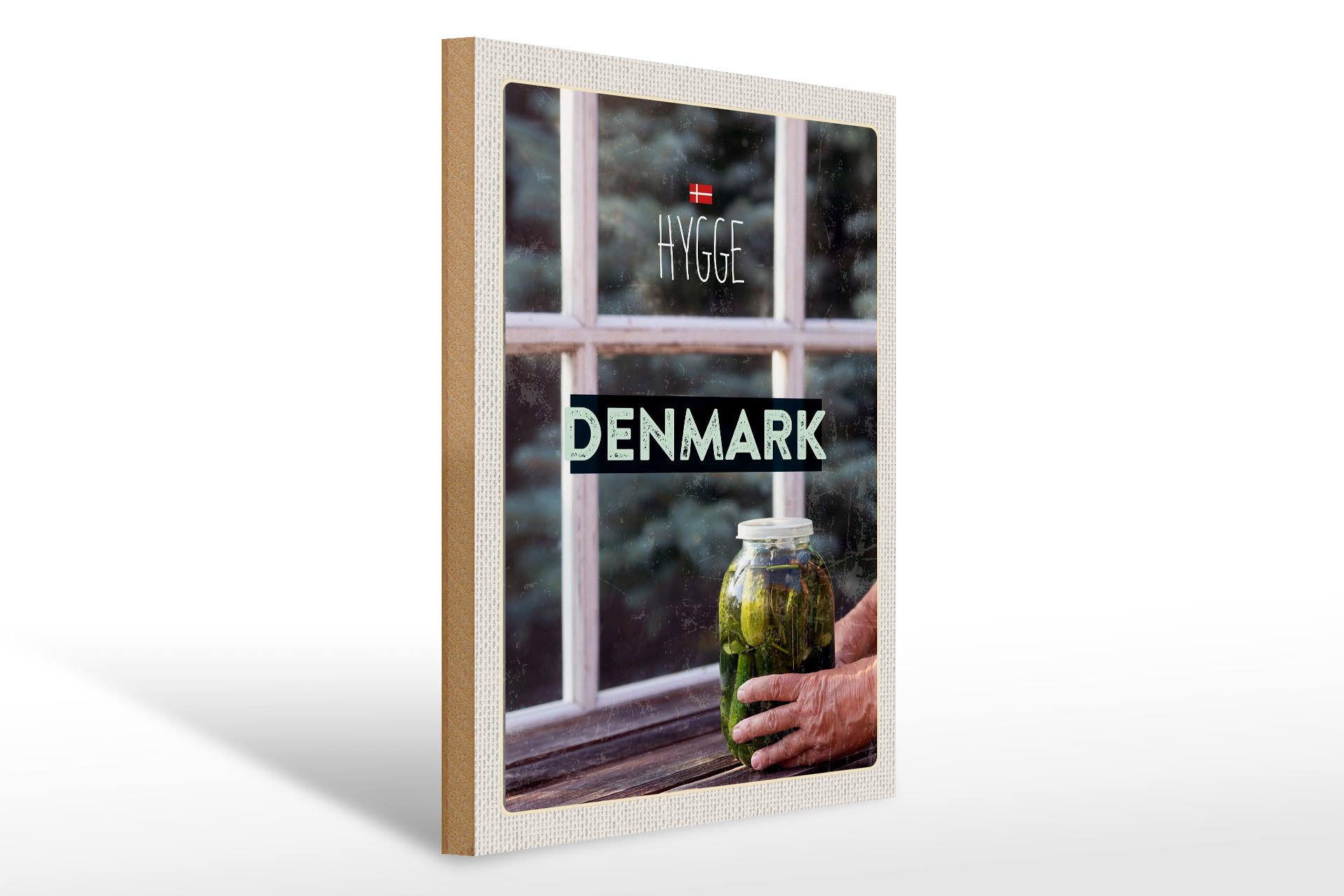 Holzbild Reise 30x40cm Dänemark Gurken im Glas Fenster