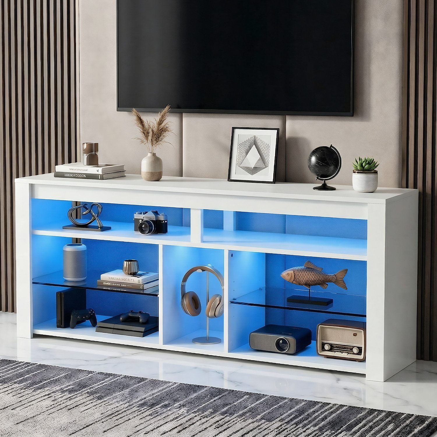 oyajia Lowboard TV-Schrank, Fernsehschrank mit RGB-LED Stilvoll (TV-Schrank mit verstellbarem Regalen und viel Stauraum, 140x34x63cm, für Wohnzimmer, Schlafzimmer), für Fernseher bis 65 Zoll