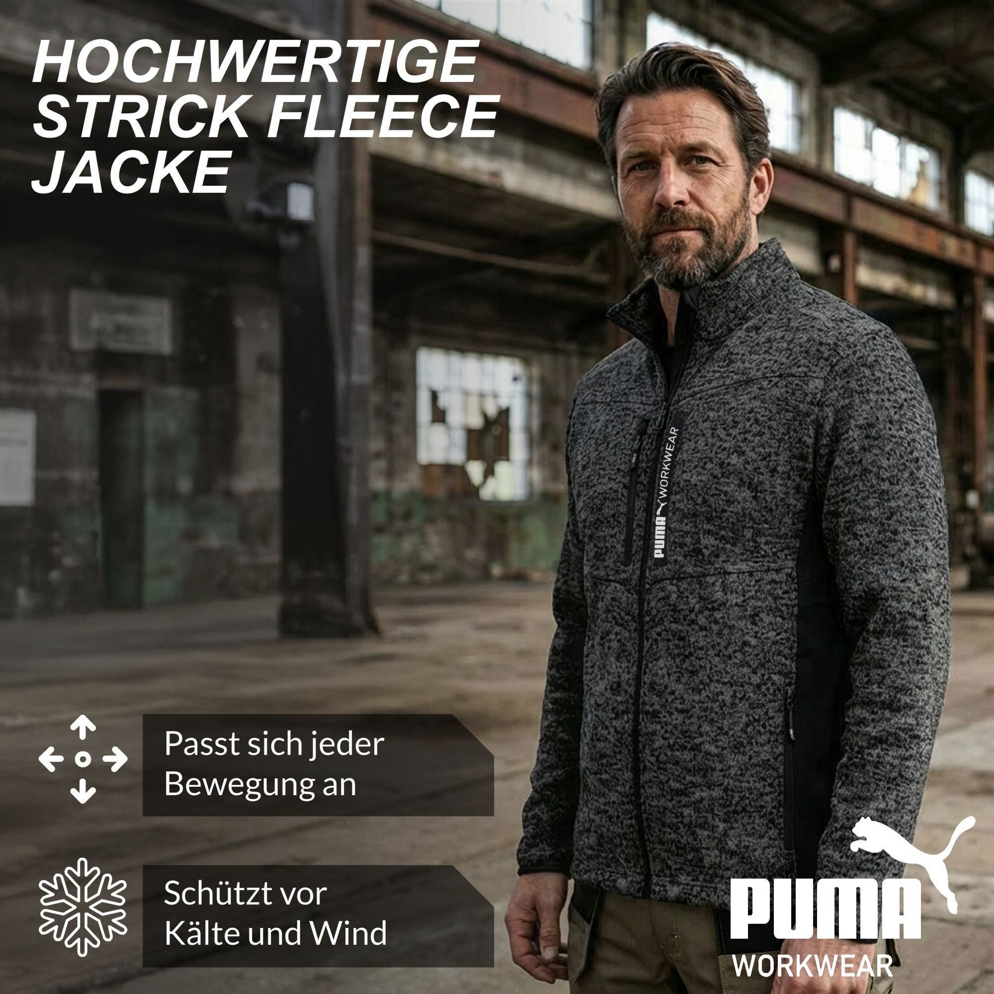 PUMA Workwear Fleecejacke Strickfleecejacke mit Stehkragen, verlängertes Rückenteil – Bild 2 von 5