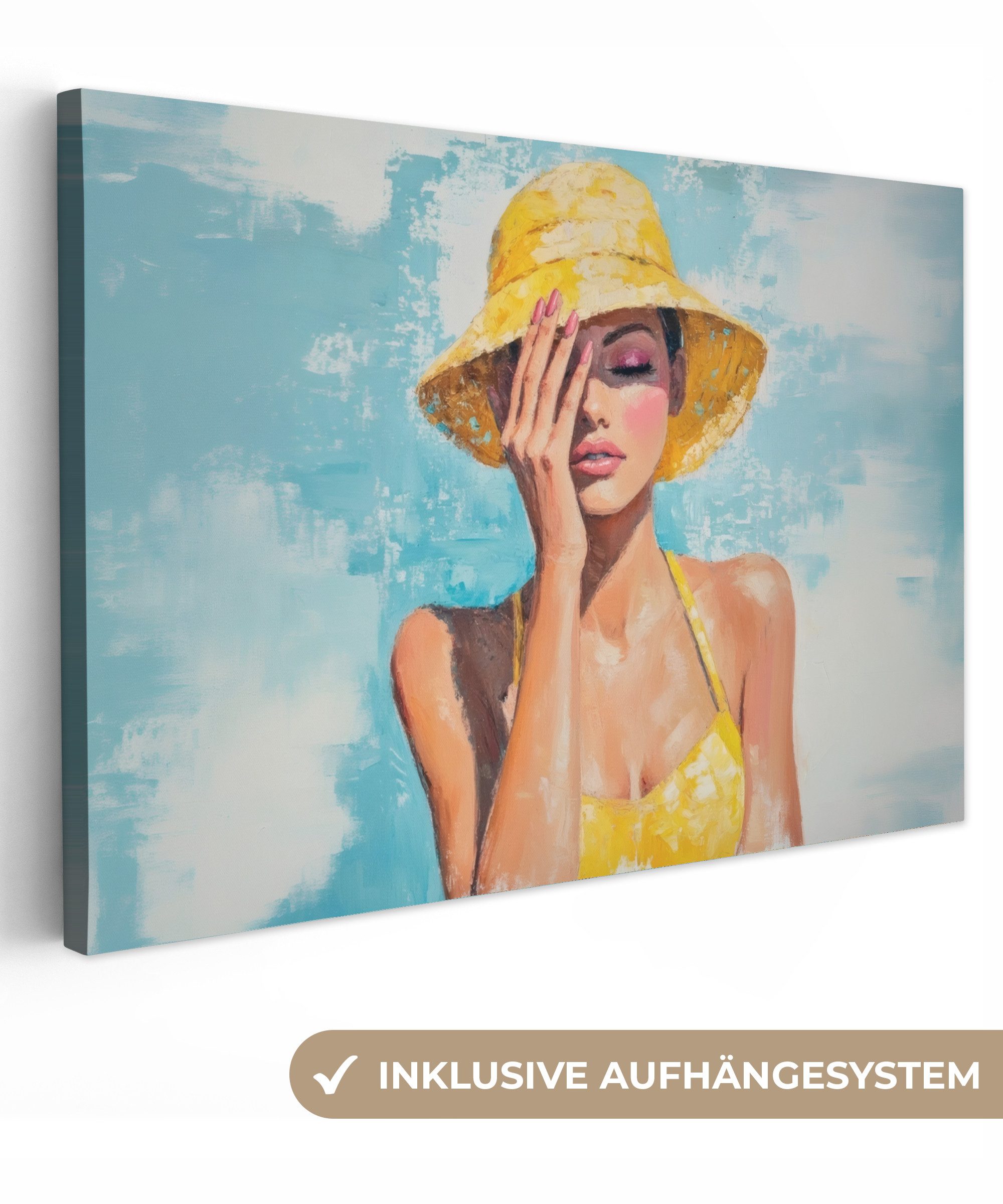 Leinwandbild Kunstdrucke - Frau - Hut - Gelb
