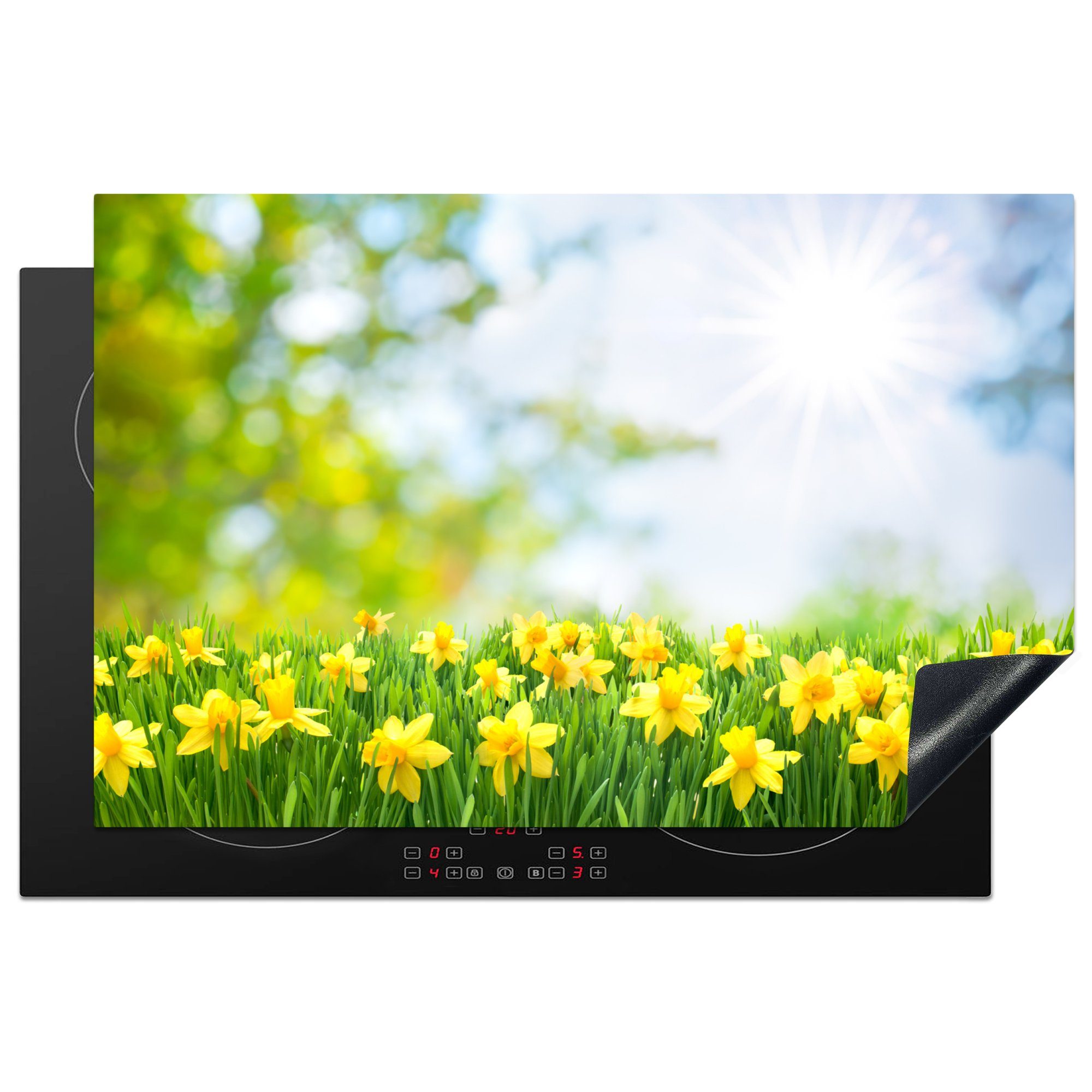 Ceranfeldabdeckung (1 küche, Vinyl, für tlg), - 81x52 - Induktionskochfeld cm, Schutz Herdblende-/Abdeckplatte Frühling die Gelb, Blumen MuchoWow