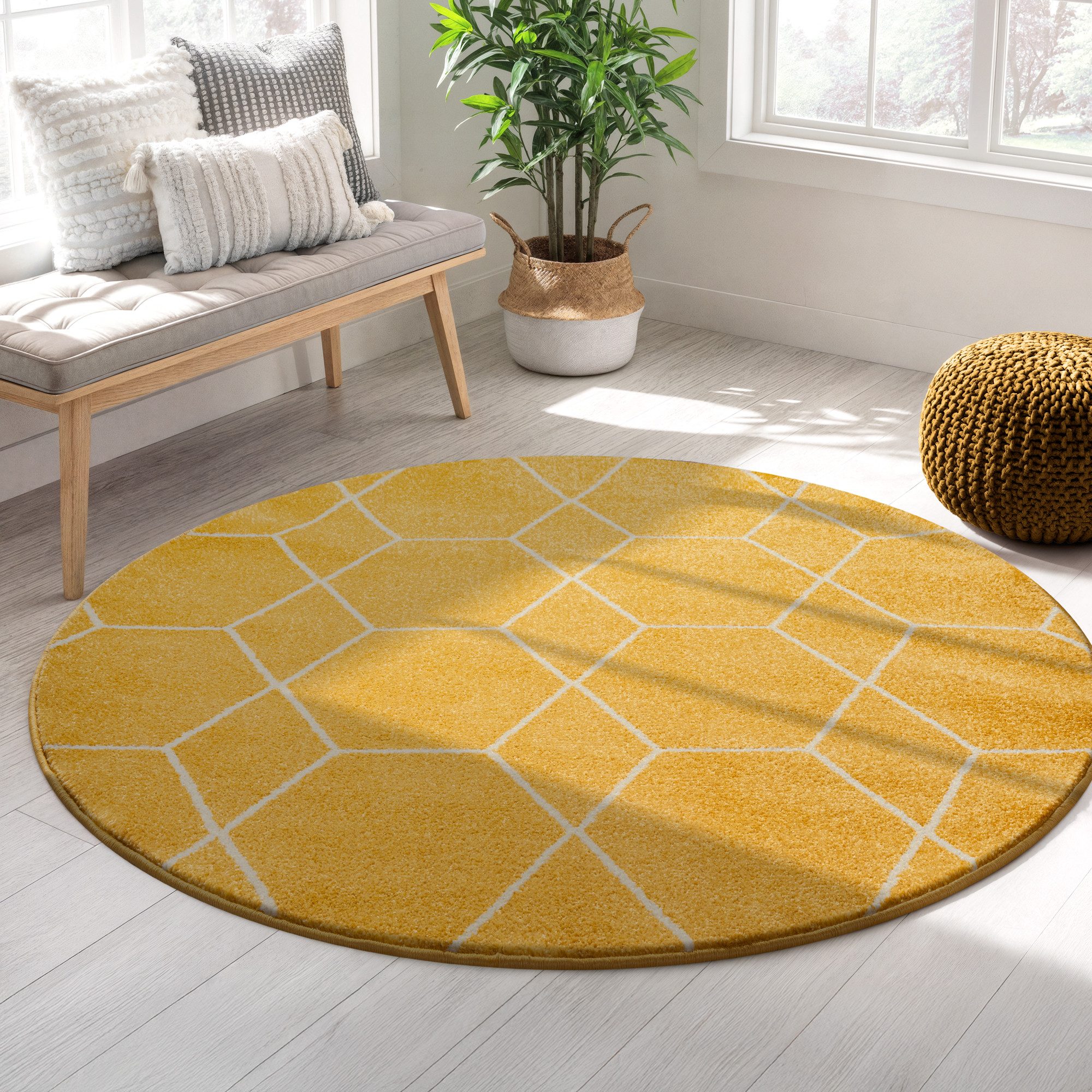 Sanat Teppich Trellis, rund, Höhe: 10 mm, Kurzflor, skandi, boho, auch als Läufer und in rund