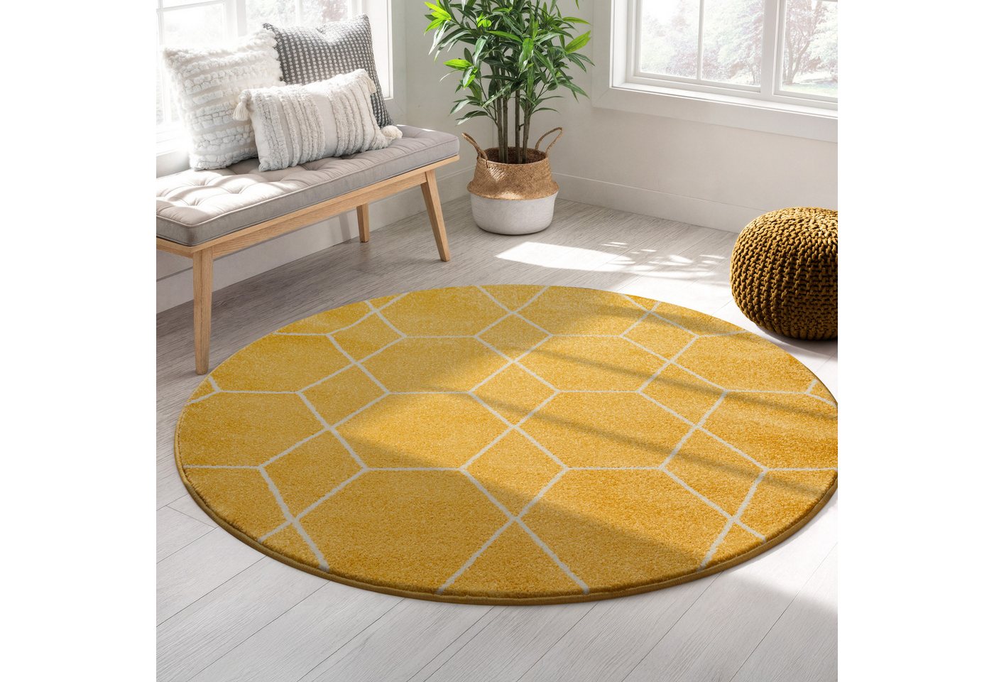 Sanat Teppich Trellis, auch als Läufer und Rund, rund, Höhe: 10 mm, Kurzflor, skandi, boho, große Farbauswahl, alle Räume