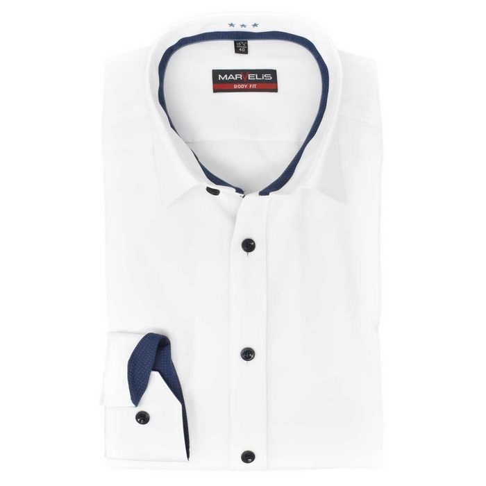 MARVELIS Businesshemd Businesshemd - Body Fit - Langarm - Einfarbig - Weiß mit Besatz & Kontrastknöpfen
