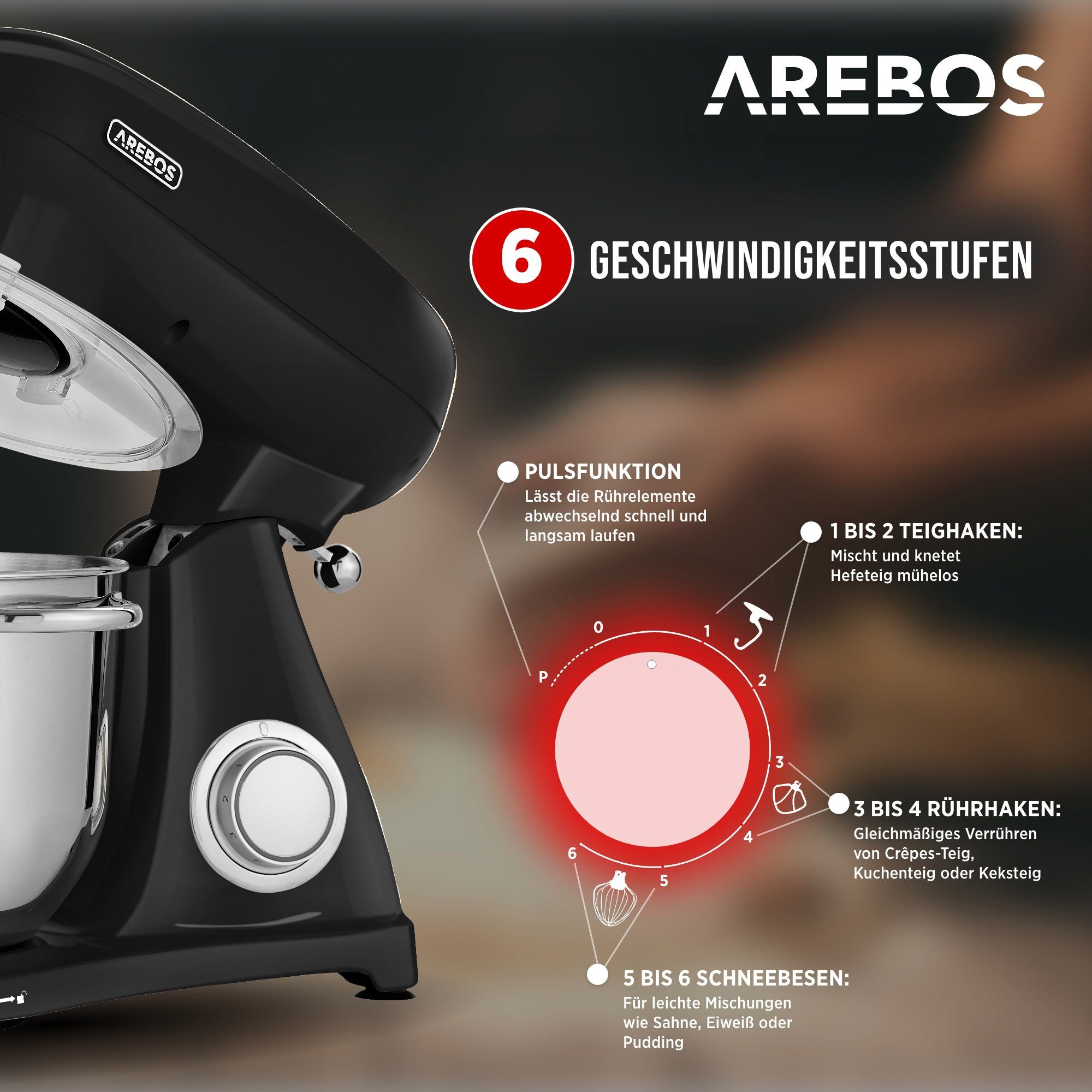 Arebos Küchenmaschine Retro, 6L Edelstahl-Rührschüssel, 6  Geschwindigkeiten, 1800 W