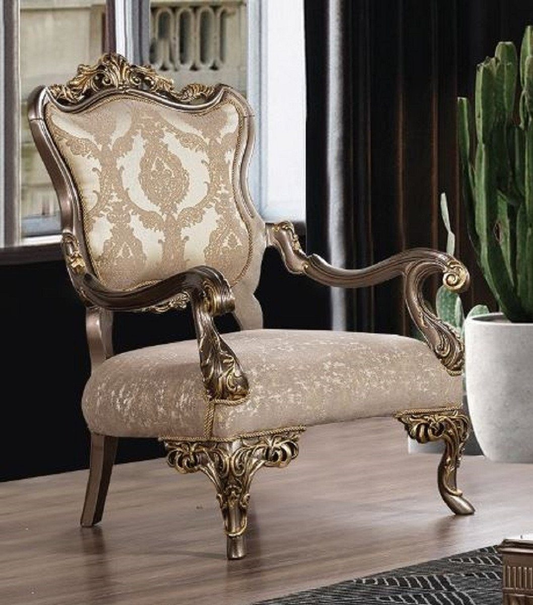 Casa Padrino Sessel Luxus Barock Möbel - Wohnzimmer / Barock Sessel mit / Grau Gold - Handgefertigte Prunkvoller / Beige Muster Wohnzimmer Silber Sessel