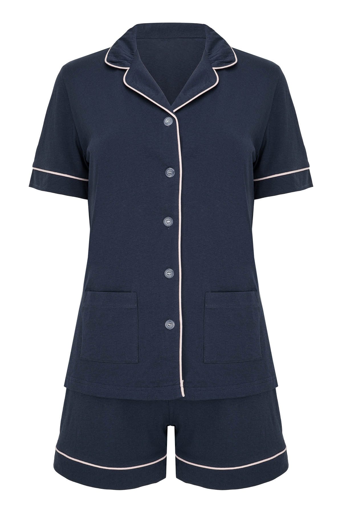 SNOOZE OFF Shorty Damen Pyjama aus Baumwolle in Marineblau mit Kontrastpasp günstig online kaufen
