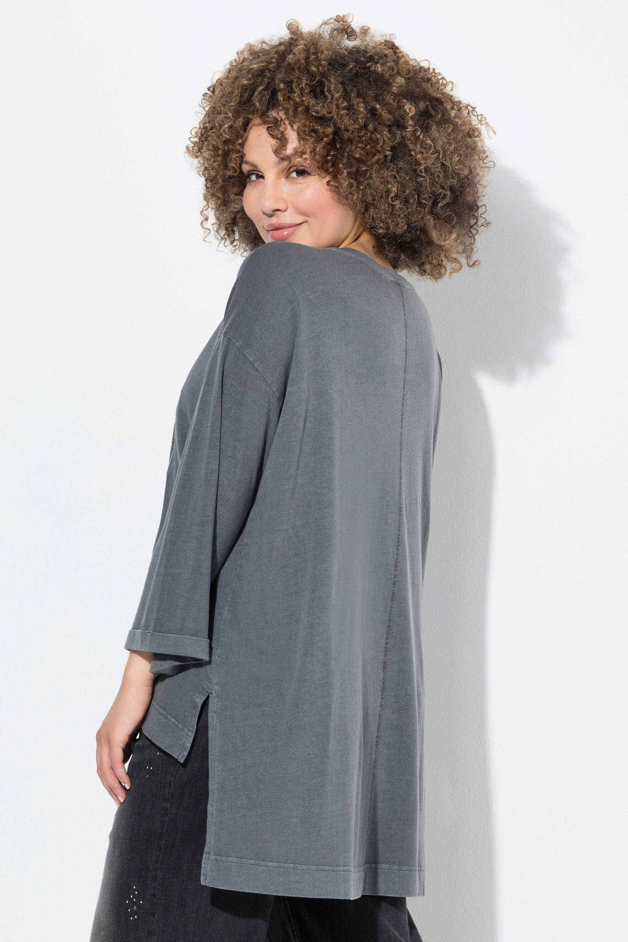 Ulla Popken Longshirt Shirt Oversized V-Ausschnitt 3/4-Arm hinten länger
