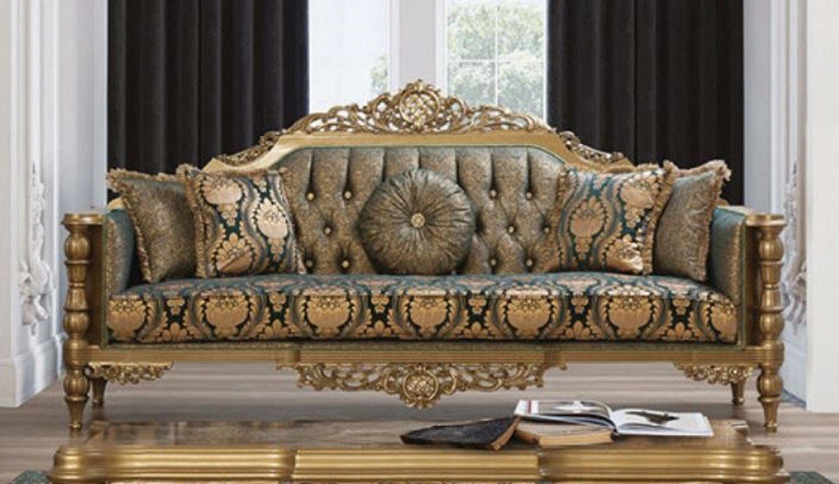 Casa Padrino Sofa Luxus Barock Sofa Grün / Gold - Prunkvolles Wohnzimmer Sofa mit elegantem Muster und dekorativen Kissen - Barock Wohnzimmer Möbel | Alle Sofas