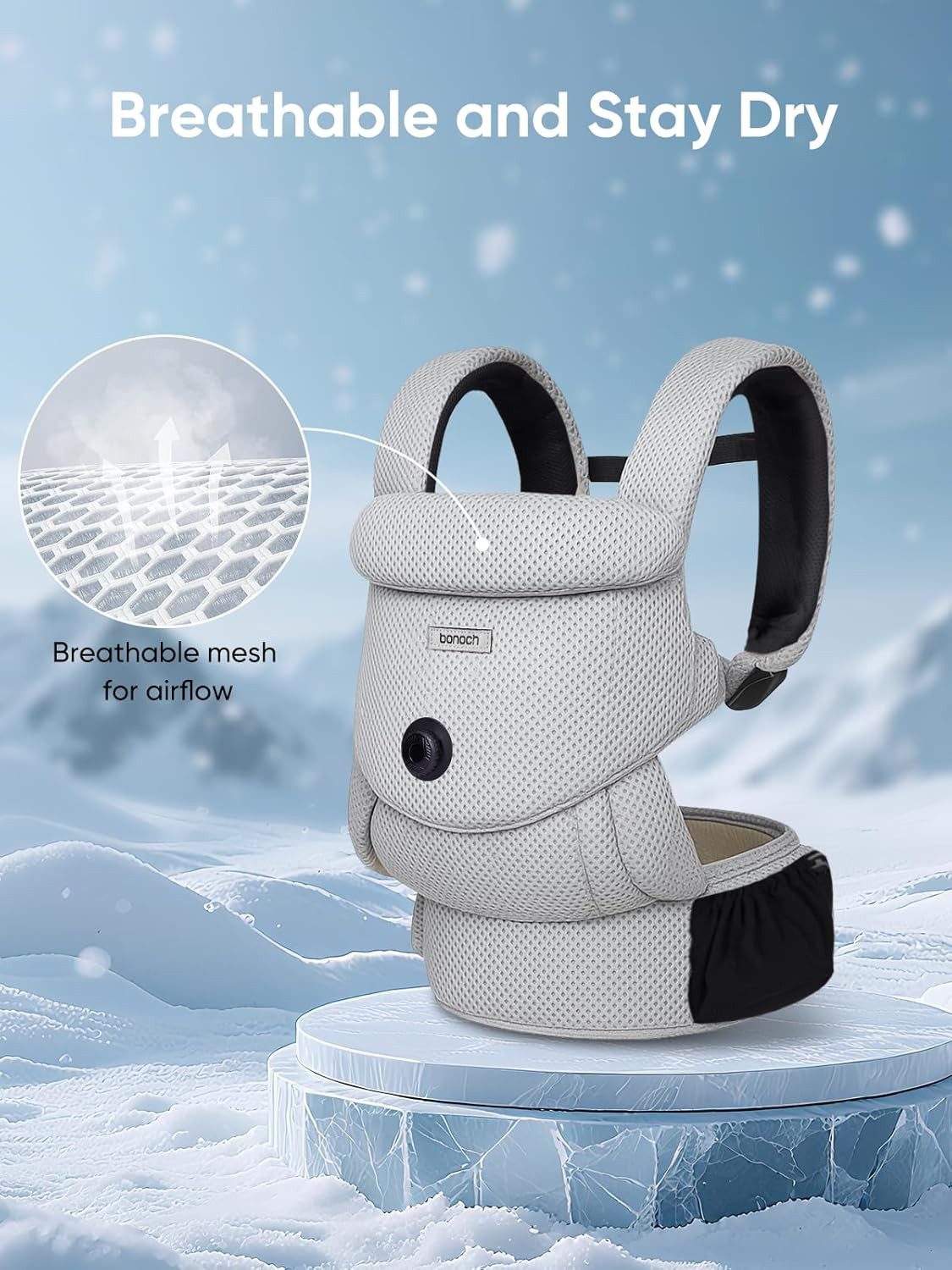 bonoch Babytrage EaseFit ergonomische Babytrage Grau Baumwolle 4–24 Monate Hüfttrage (Babytrage mit Zubehör-Set (3 Lätzchen), Babytrage mit 3 Lätzchen und verstellbarem Hüftgurt), aus atmungsaktiver Baumwolle EaseFit-System ergonomische M-Position.