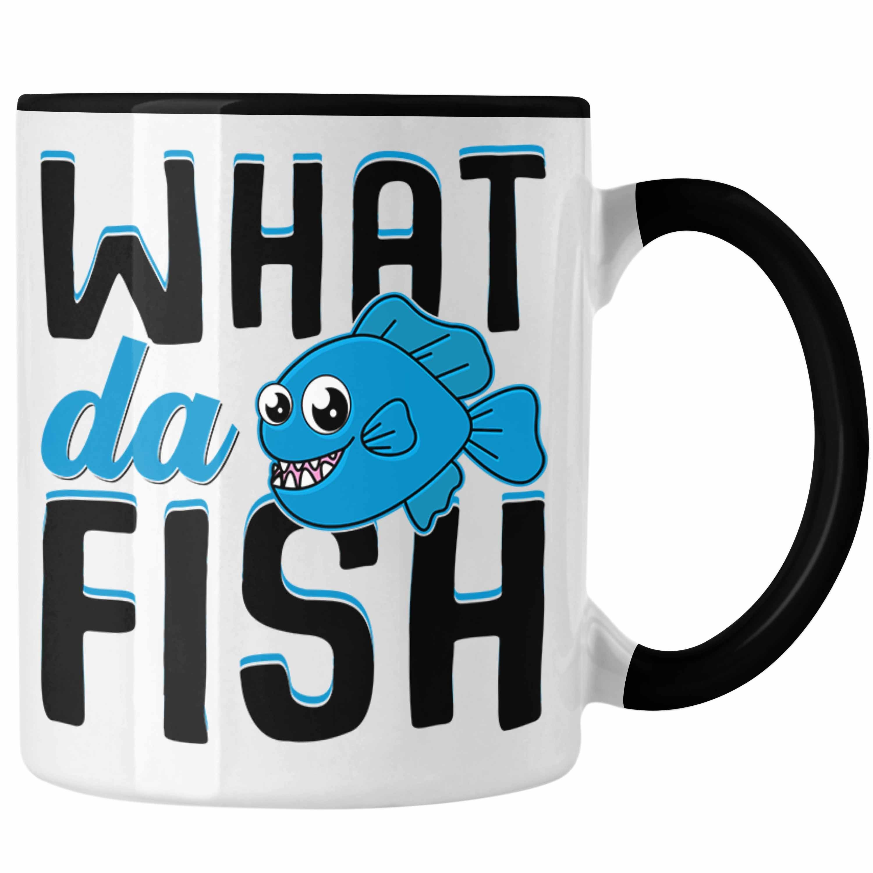 Trendation Tasse Trendation - Angler Fischer Tasse Geschenk Raubfische Hobbyangler Hecht Forelle Barsch Angeln Kaffeetasse Zubehör What Da Fisch Schwarz