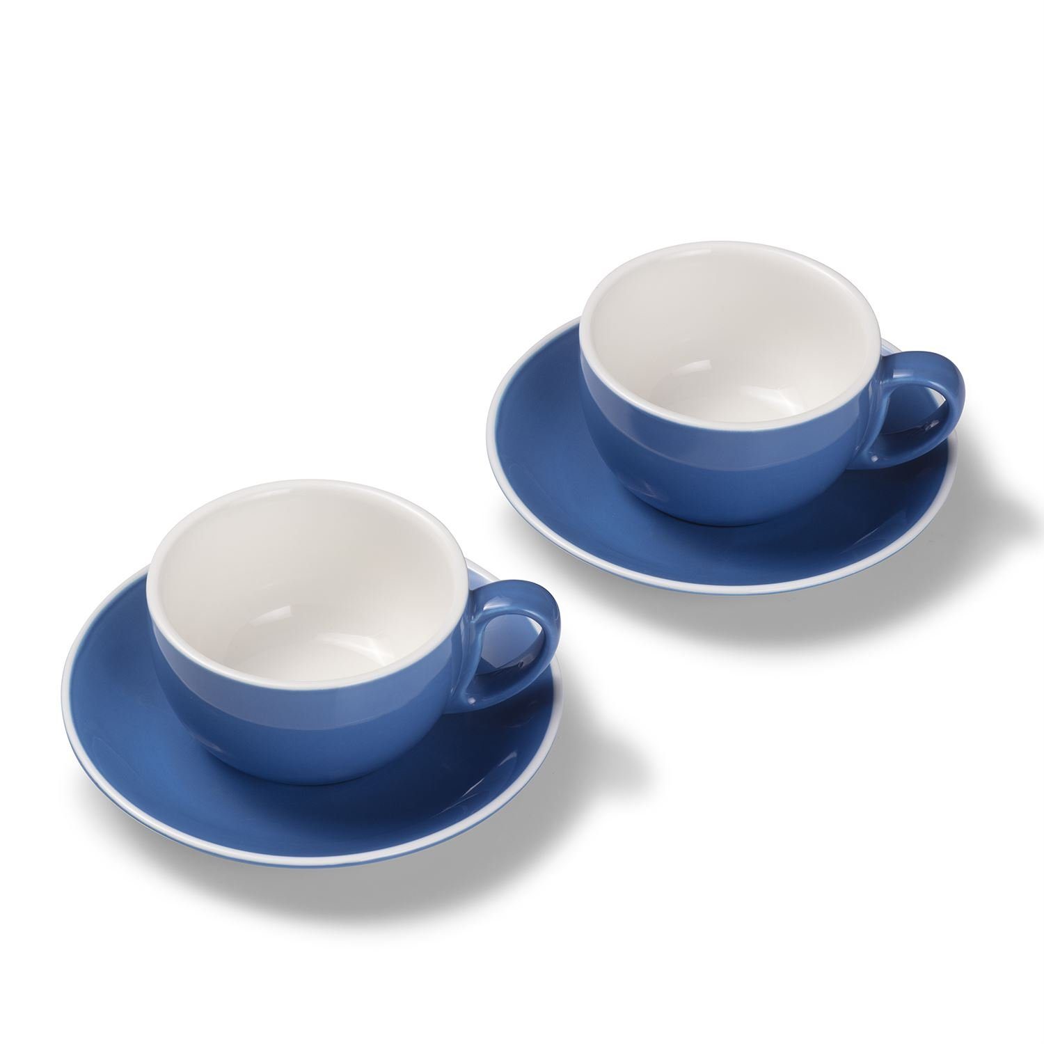 Terra Home Tasse 2er Milchkaffeetassen-Set, Blau glossy 350 ml mit Untertasse, Porzellan, spülmaschinenfest,extra dickwandig