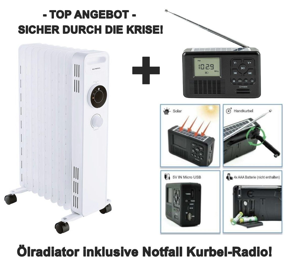 KUMTEL Ölradiator KUM-1225S inkl. TRA550 Notfall Kurbel-Radio, 2000 W, 9 Rippen Heizkörper, 3 Heizstufen, Energiesparend, Heizstrahler