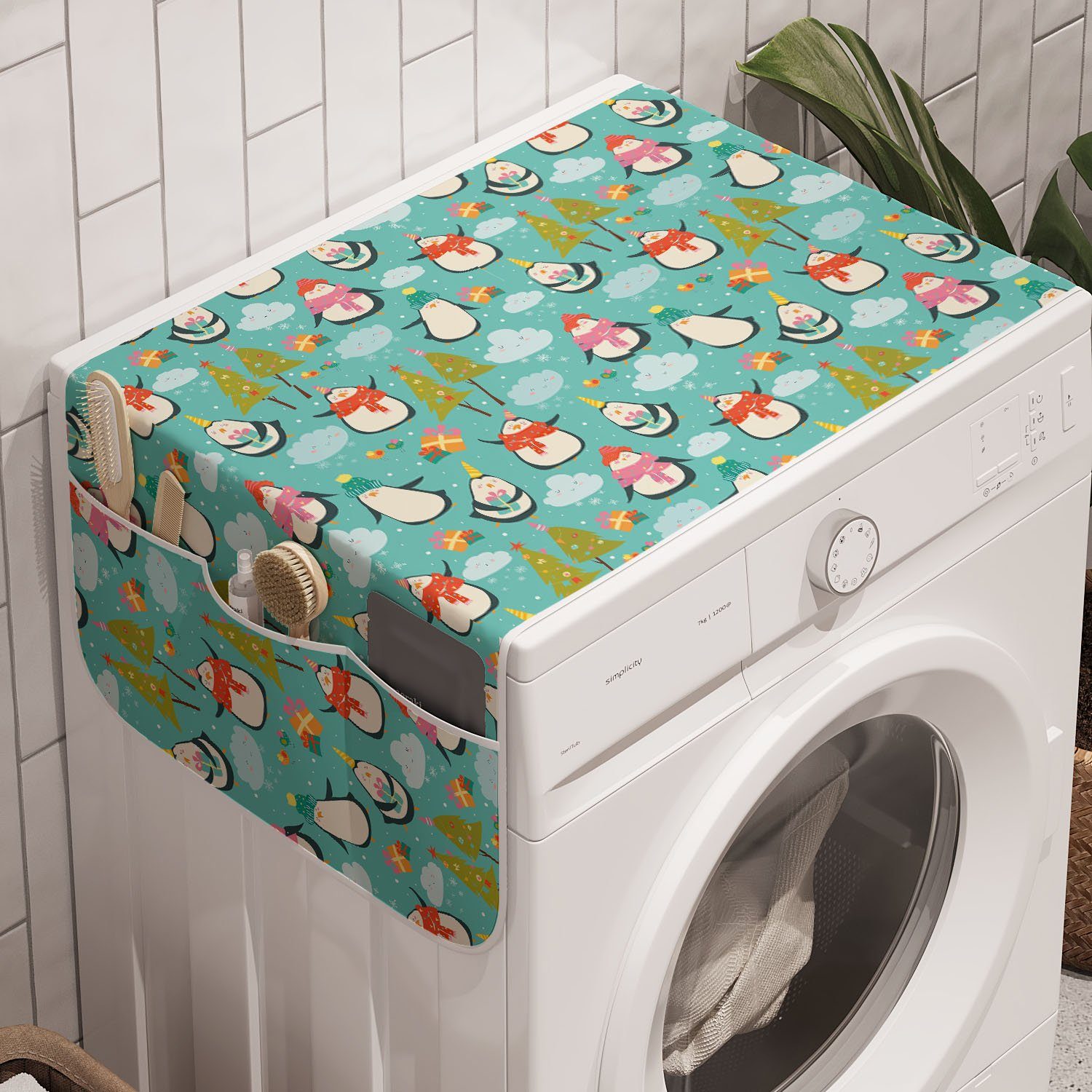 Abakuhaus Geschenke Badorganizer Noel Penguins Anti-Rutsch-Stoffabdeckung für Waschmaschine Trockner, Weihnachten und Glücklich