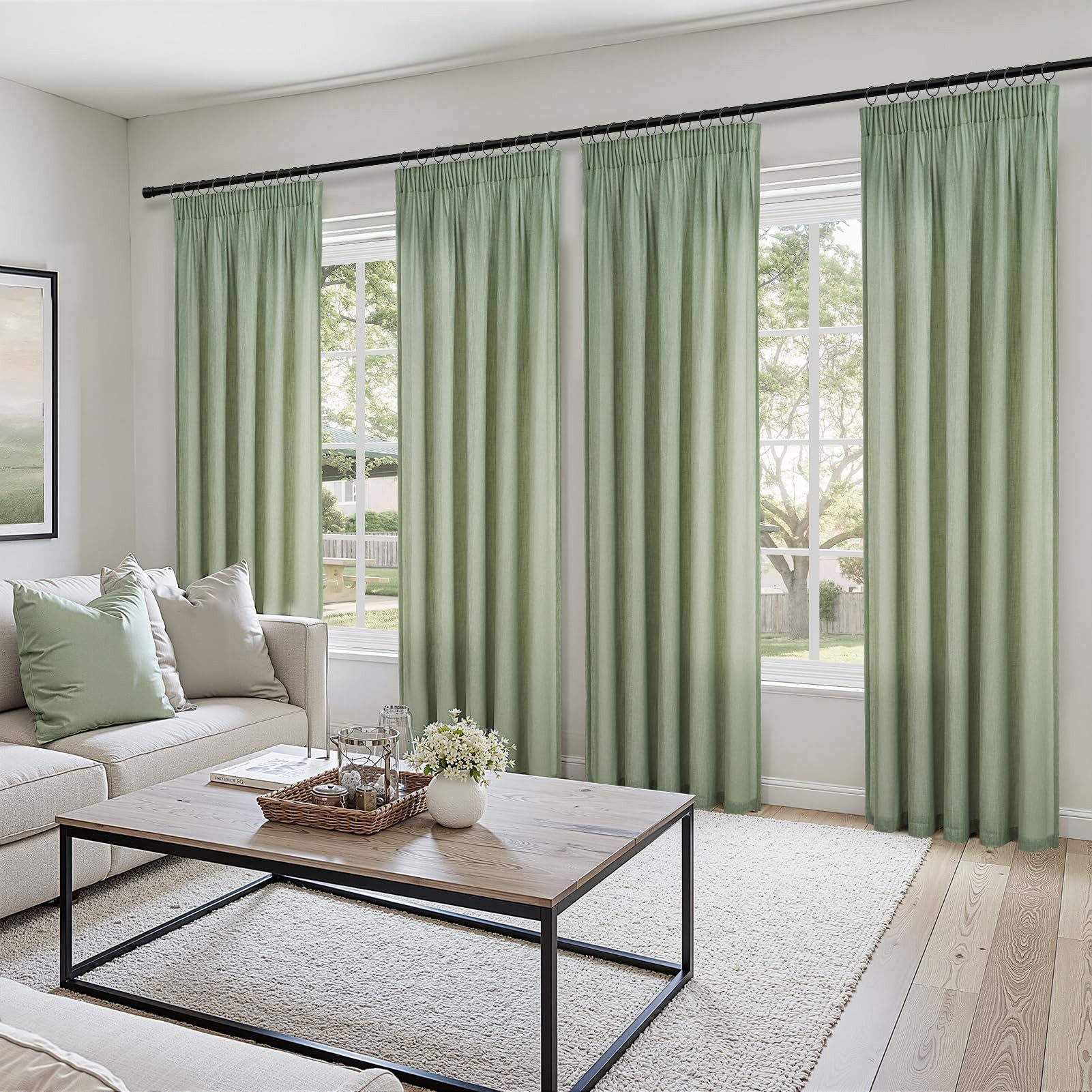 Topfinel Gardine Leinenoptik vorhänge mit kräuselband halbtransparent wohnzimmer (2 St), Kräuselband, halbtransparent, modern boho Salbeigrün 140x260cm kinderzi – Bild 5 von 5