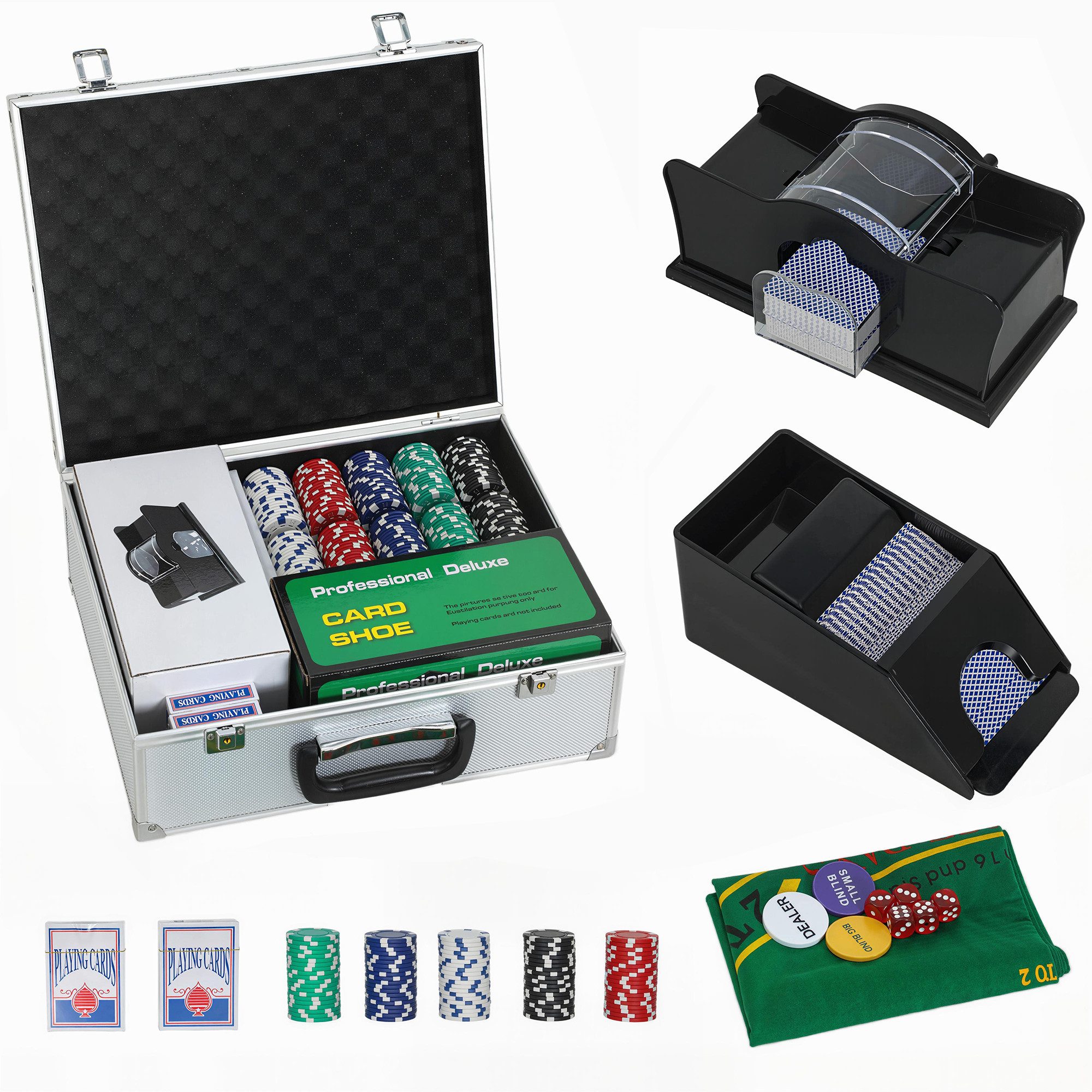 kowdom Spielesammlung Poker-Koffer Set 300 Jetons, Kartendecks, Würfel, Filzmatte, Poker, Poker-Koffer, 300 Jetons, Komplettset, Casino-Ausrüstung