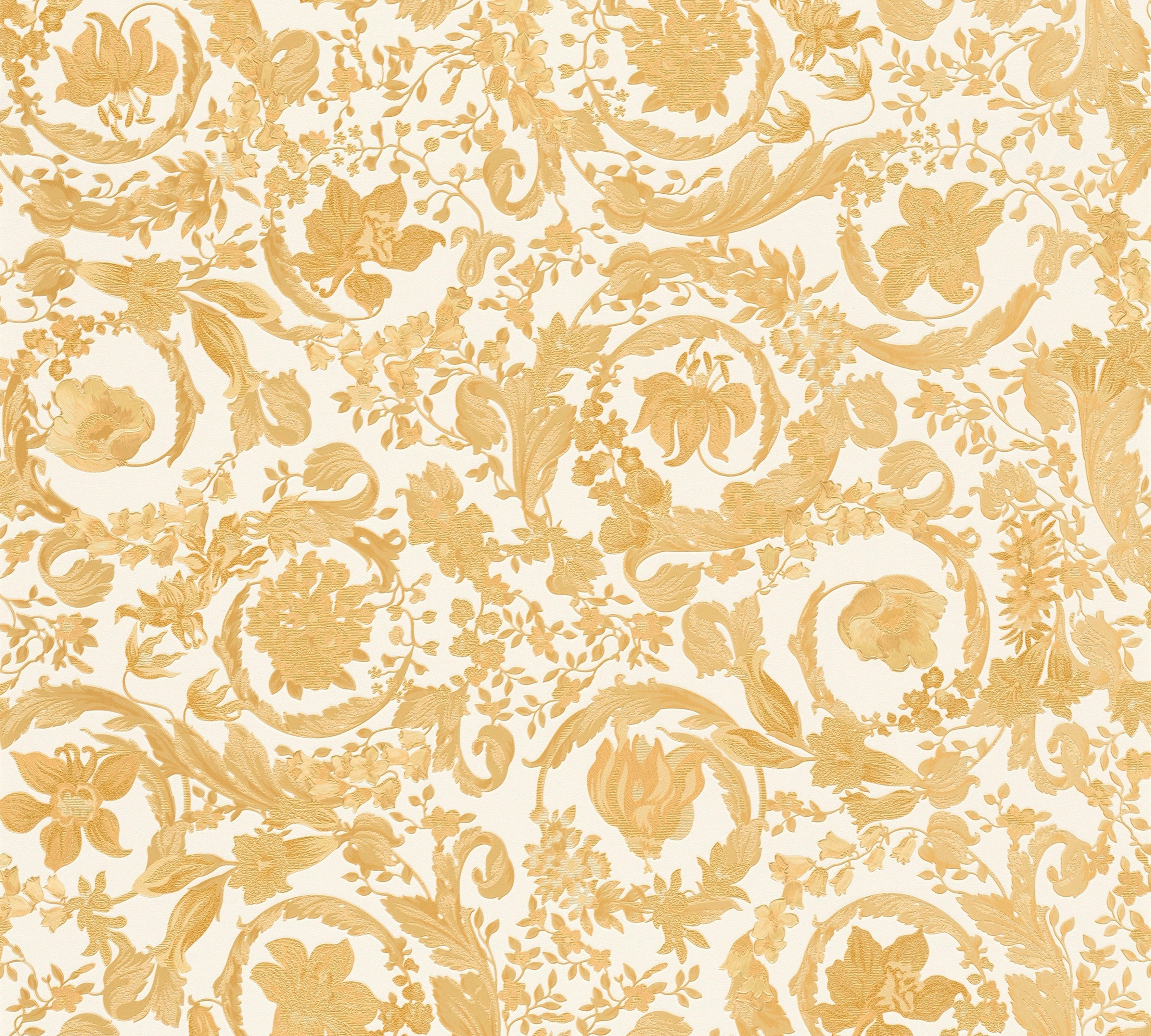 Versace Vliestapete Wallpaper Versace 5 Floral, leicht strukturiert, leicht glänzend, (1 St), Designertapete goldfarben/weiß