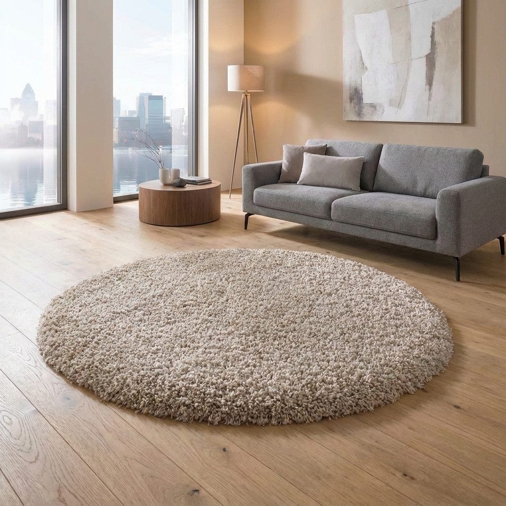 TaCa Home Langflor-Teppich Shaggy Teppich Langflor, rund, Höhe: 60 mm, Schlafzimmer Kinderzimmer Wohnzimmer, beige - 120 x 120 cm rund