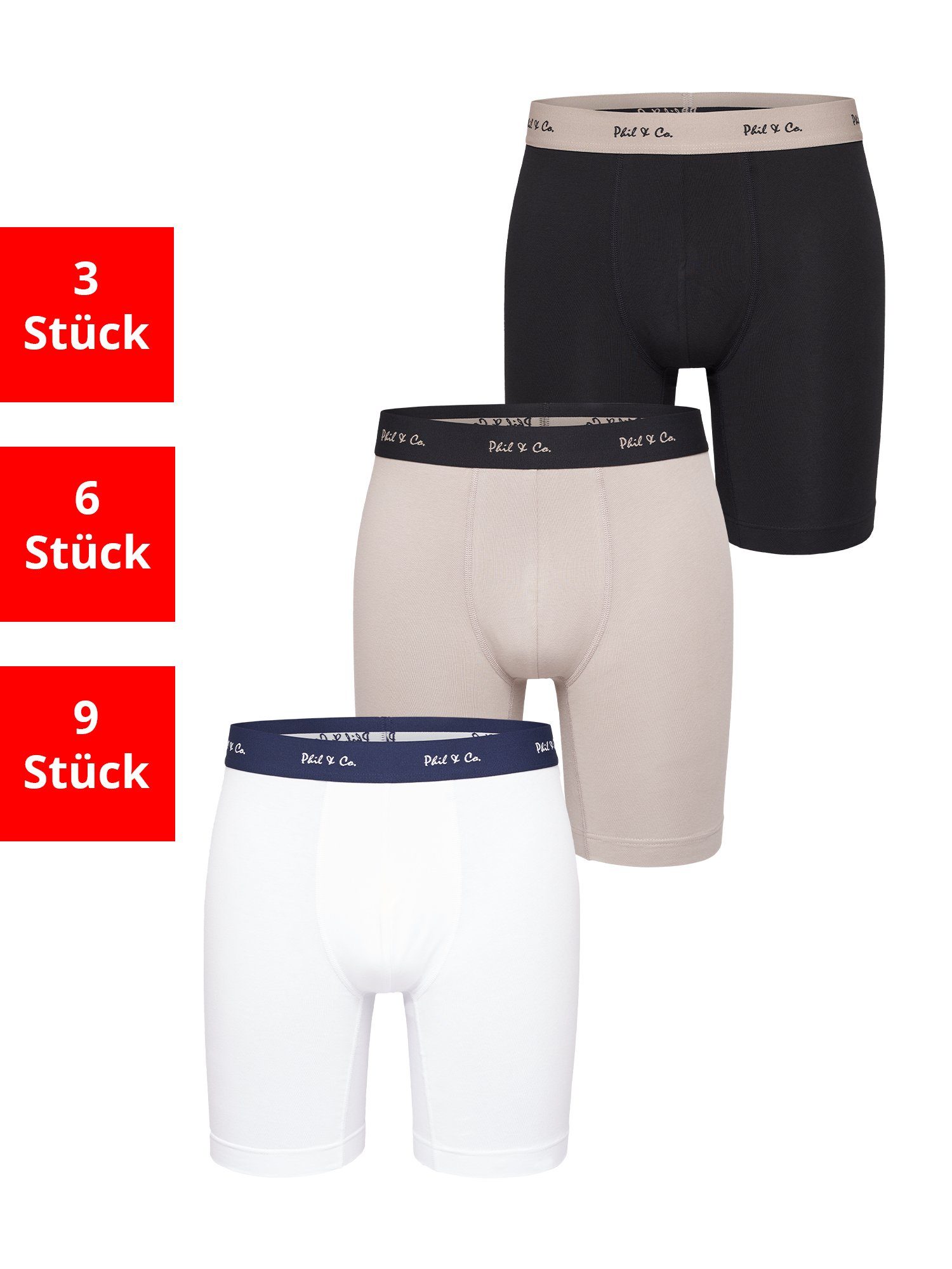 Boxer-Brief Co. Unterhose Boxer Phil black Langer (3-St) Boxer & white Long Jersey beige Retro-Shorts