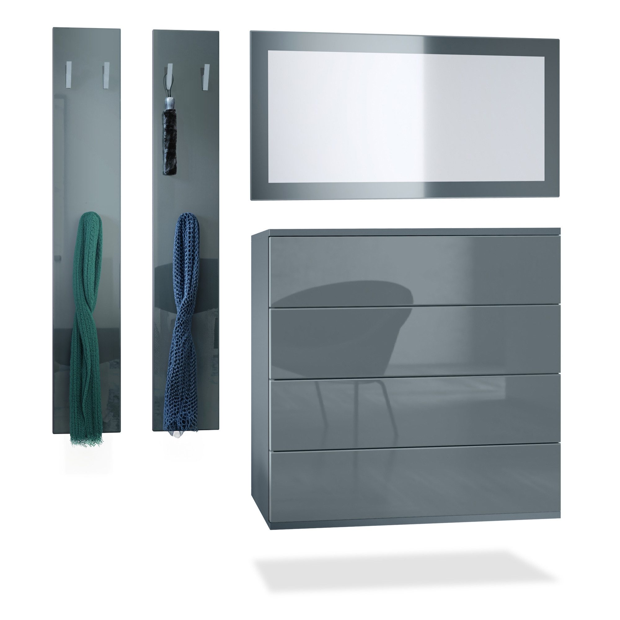 Vladon Шафи-Set Horizon, (Garderoben-Set, bestehend aus 1 Kommode, 1 Spiegel und 1 Wandpaneel), Anthrazit matt/Grau Hochglanz