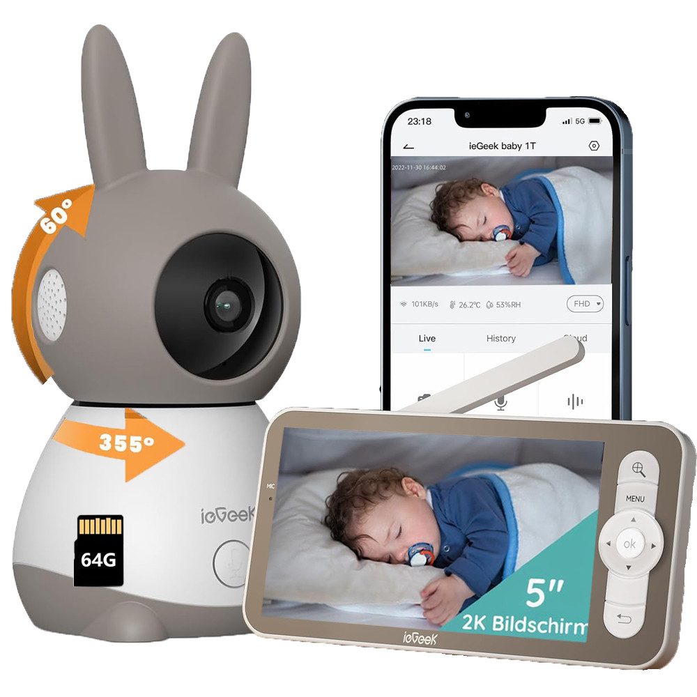 Video-Babyphone 5" Babyphone mit Kamera, WLAN Babyfon Video 2K/3MP mit 64GB Karte
