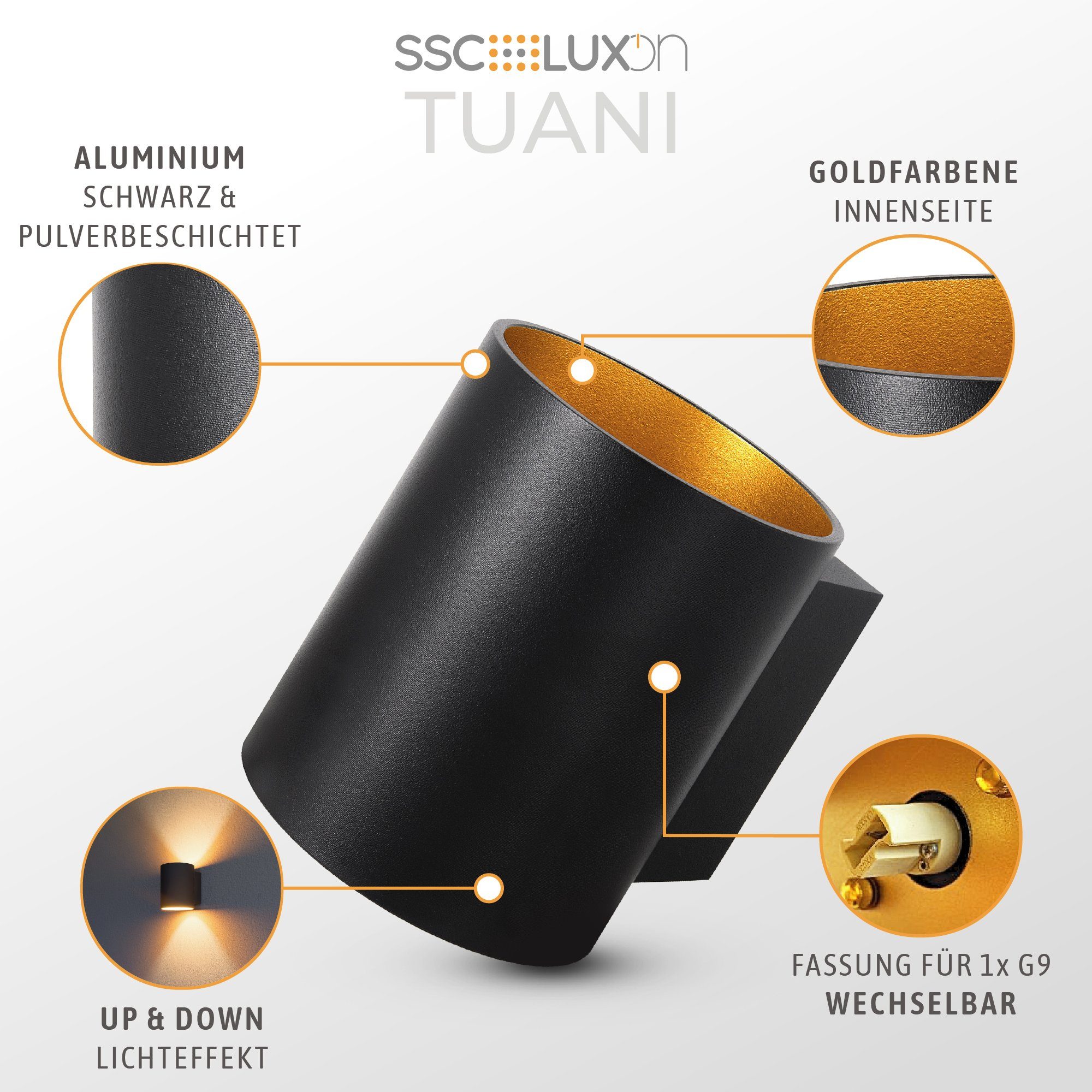 Set Wandleuchte TUANI schwarz Up für LED G9 SSC-LUXon Down 2er gold innen Wandleuchte