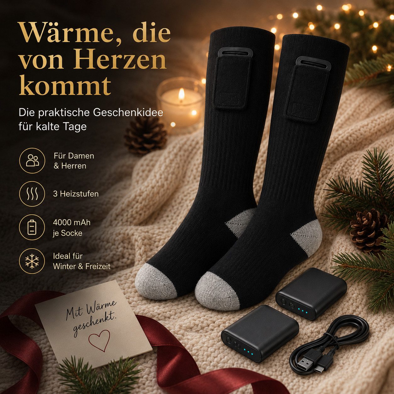 Goldstern-Tech Skisocken (Elektrisch beheizte Socken in Universalgröße, 1-Paar, 4000 mAh Akku je Socke) 3 Heizstufen, gezielte Fußsohlen-Wärme, Unisex & waschbar