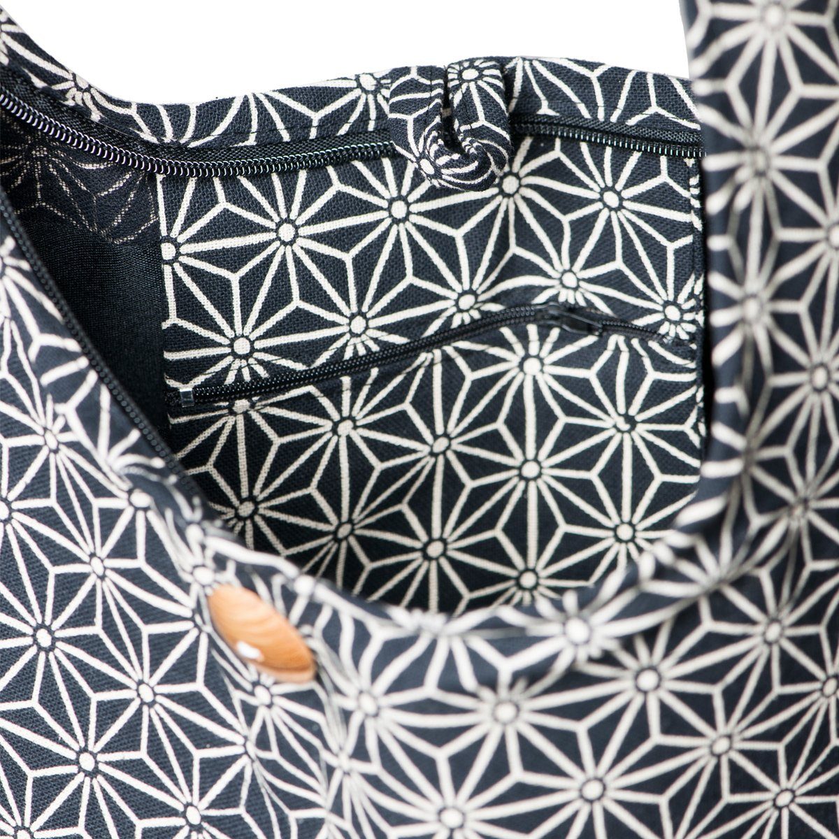 PANASIAM Schultertasche Geometrix geeignet 100% Wickeltasche 2 aus Größen schwarz Asanoha und Schulterbeutel als praktische Beuteltasche Baumwolle Umhängetasche, auch Handtasche In