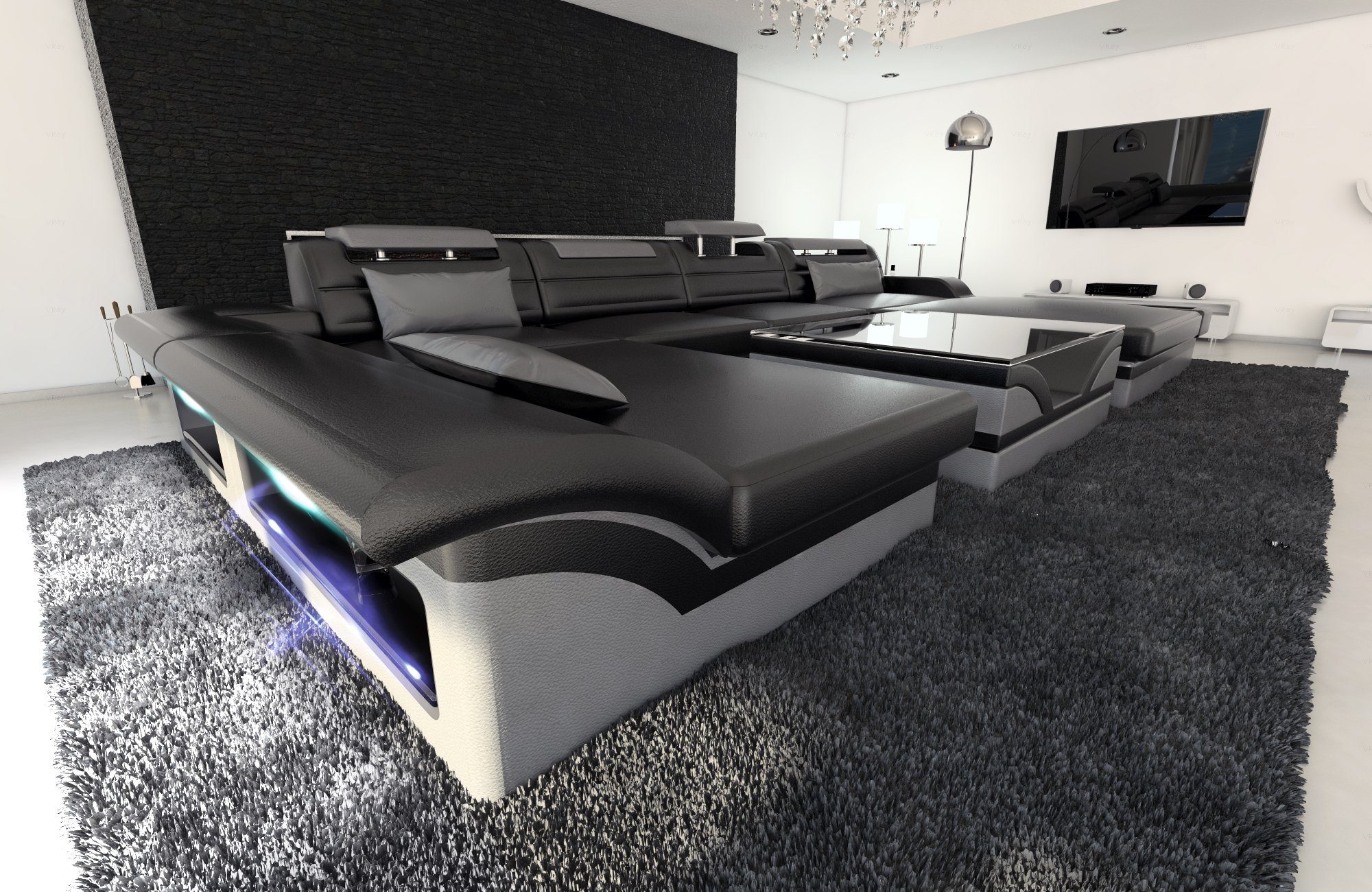 Sofa Dreams Wohnlandschaft »Monza«, U Form Ledersofa mit LED, wahlweise mit  Bettfunktion als Schlafsofa, Designersofa